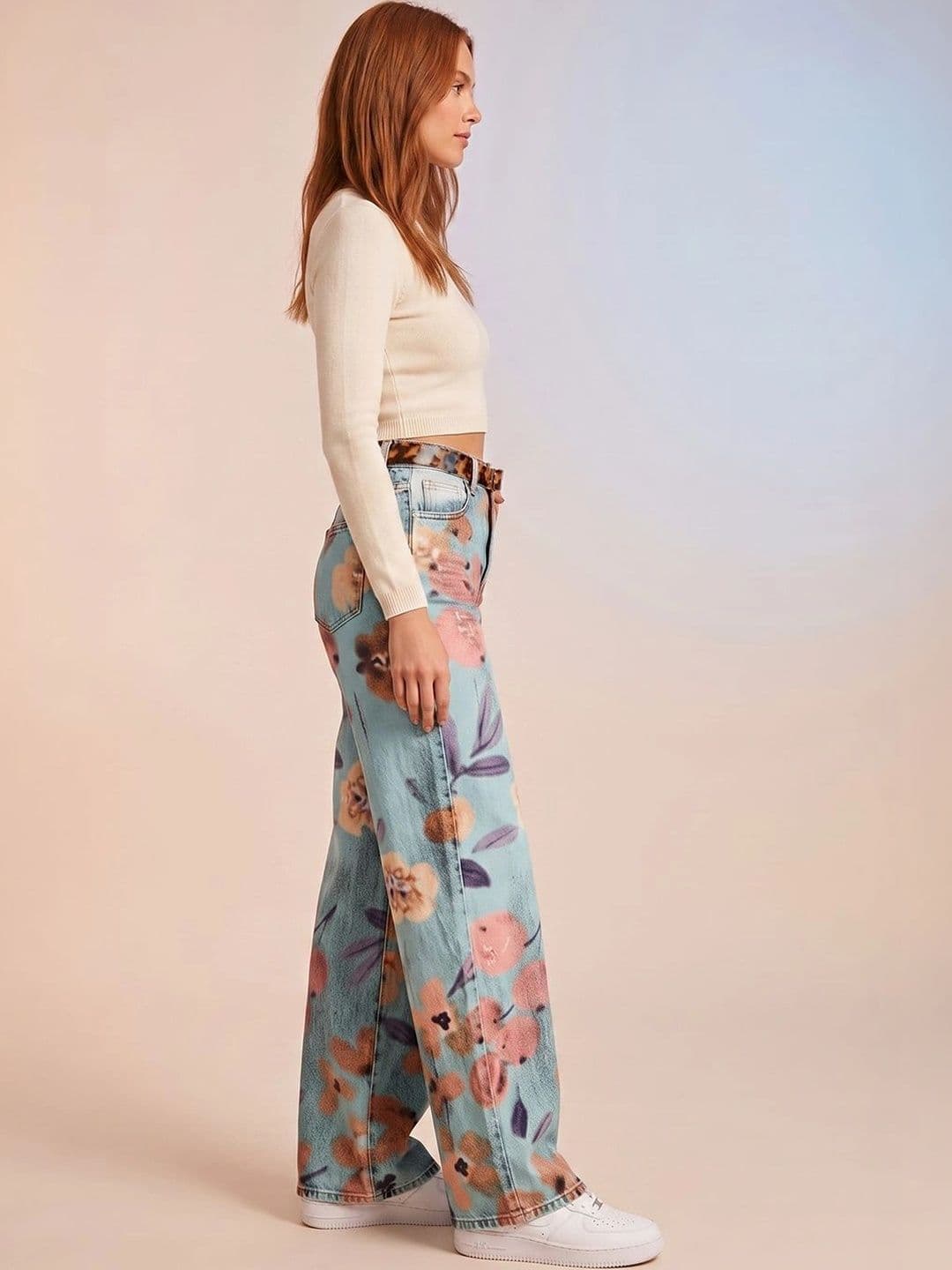 ATELIER REBEL Women Wide Leg Mid-Rise Light Fade Printed Jeans thumbnail 6