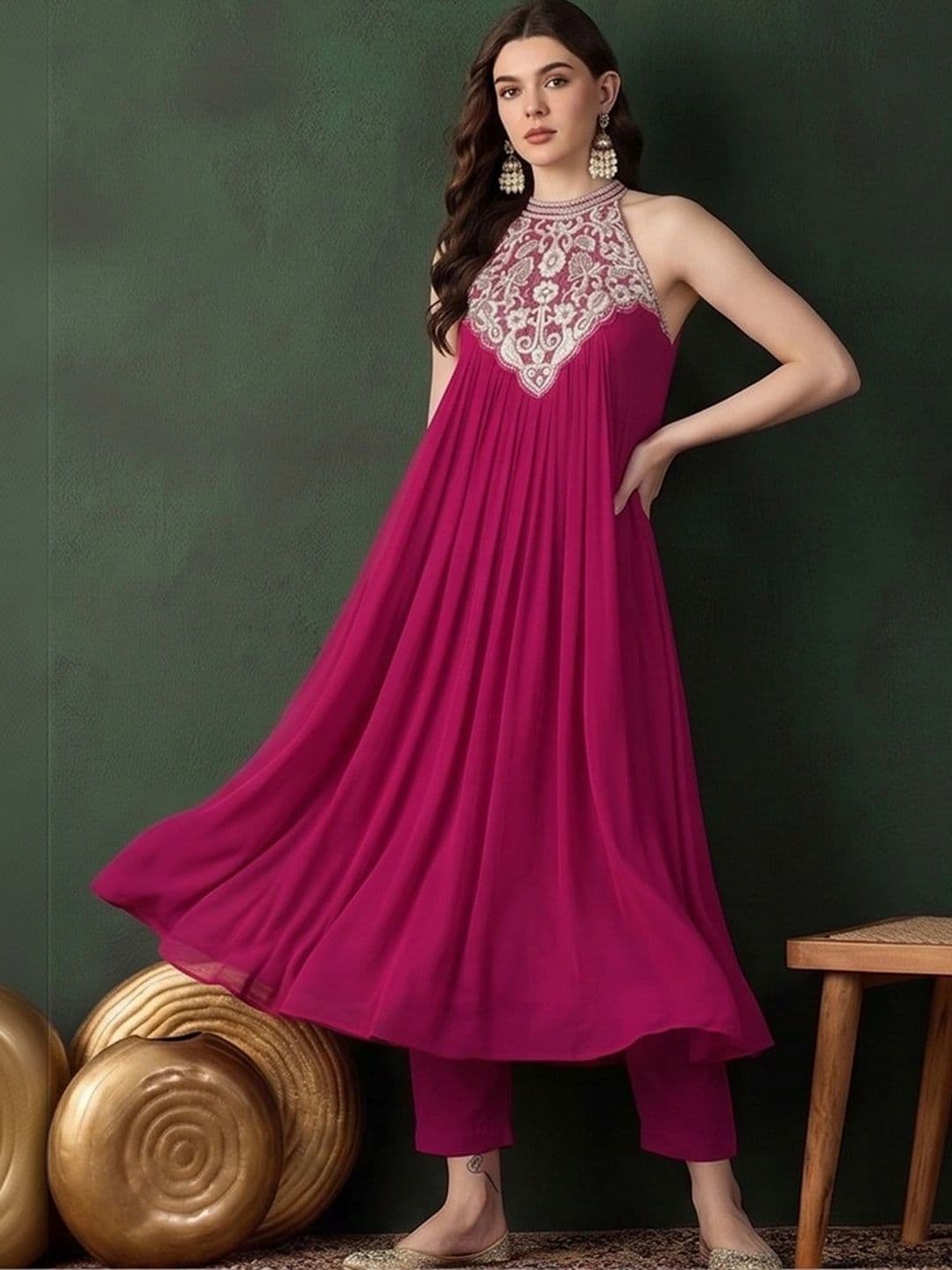 Sangria Women Ethnic Motifs Embroidered Empire Thread Work Silk Georgette Kurta with Trousers - view 1