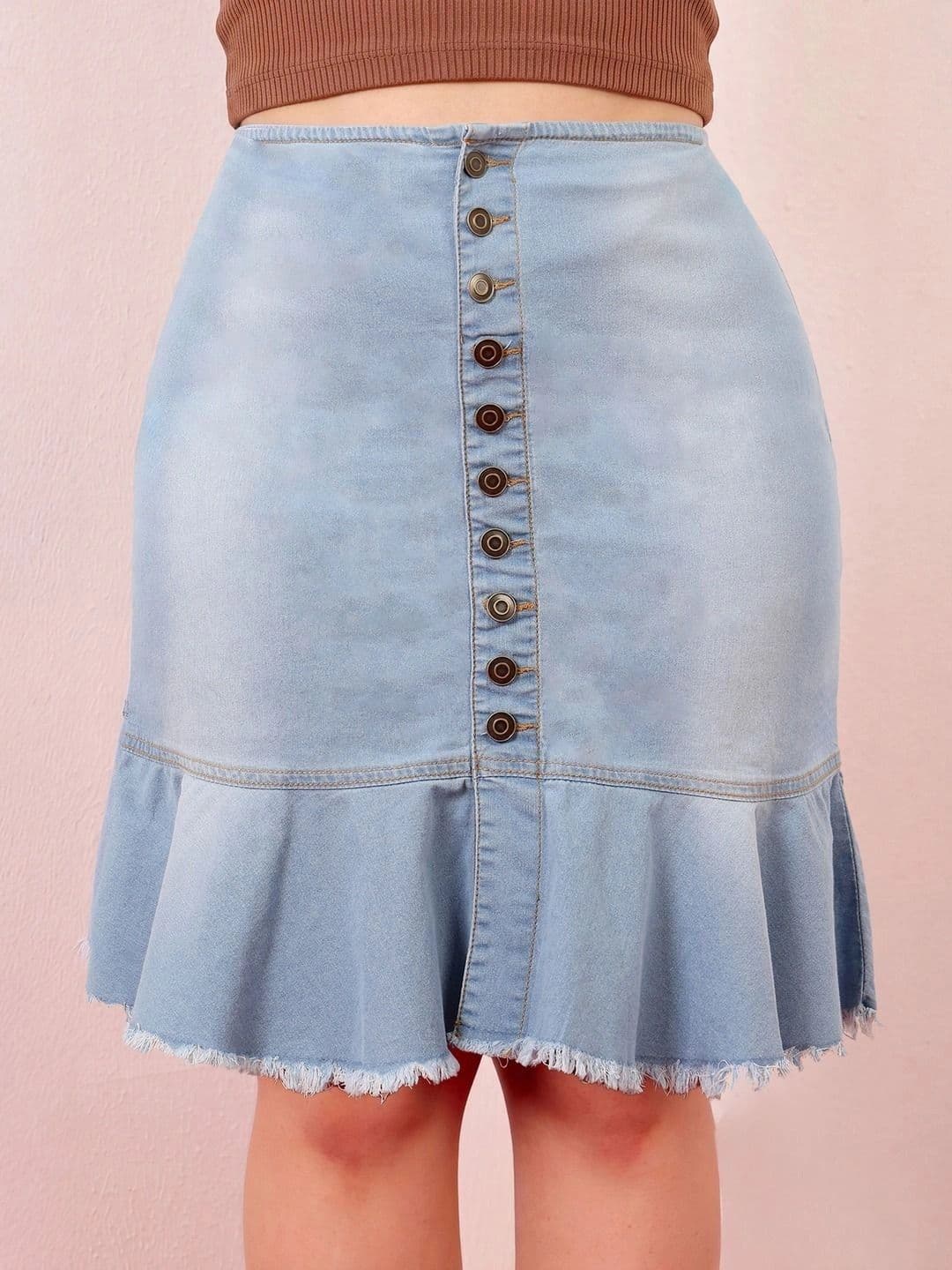 Miss Chase A+ Women Denim Frayed Denim Knee Length Trumpet Skirt thumbnail 2