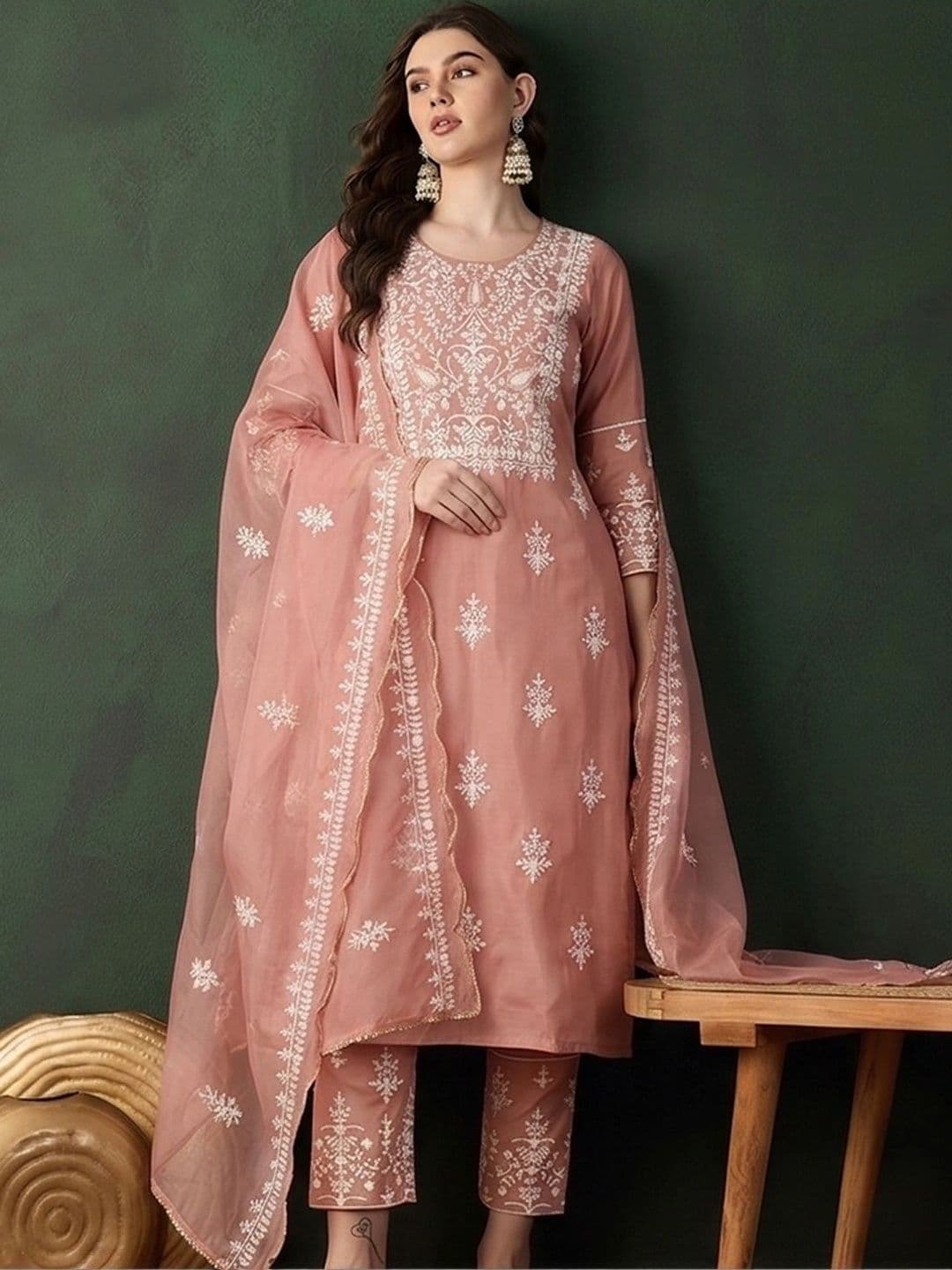Sangria Women Ethnic Motifs Embroidered Regular Thread Work Pure Cotton Kurta with Trousers & With Dupatta thumbnail 2