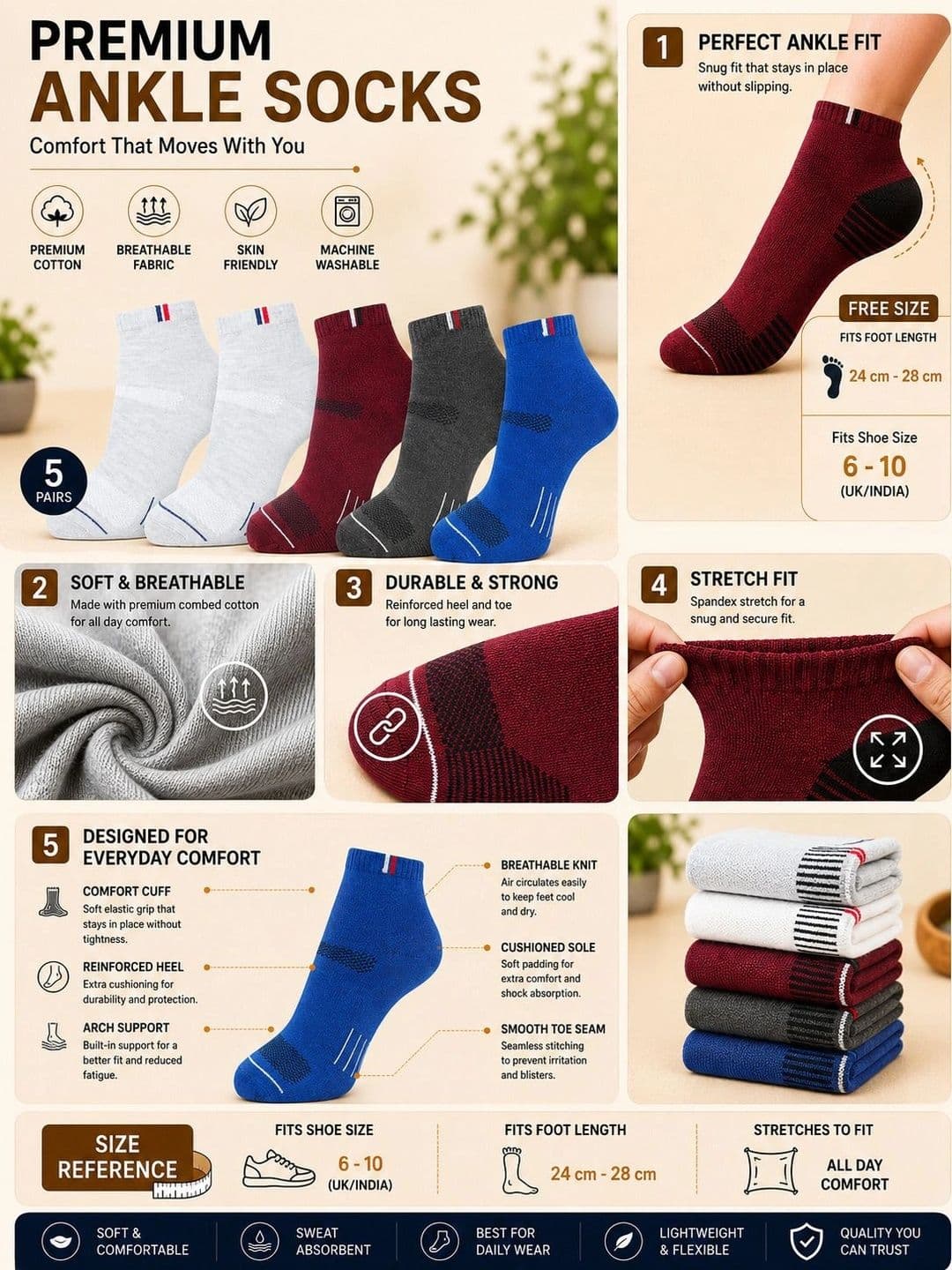 ADDOSSO Men Pack of 5 Cotton Assorted Patterned Ankle Length Socks thumbnail 5