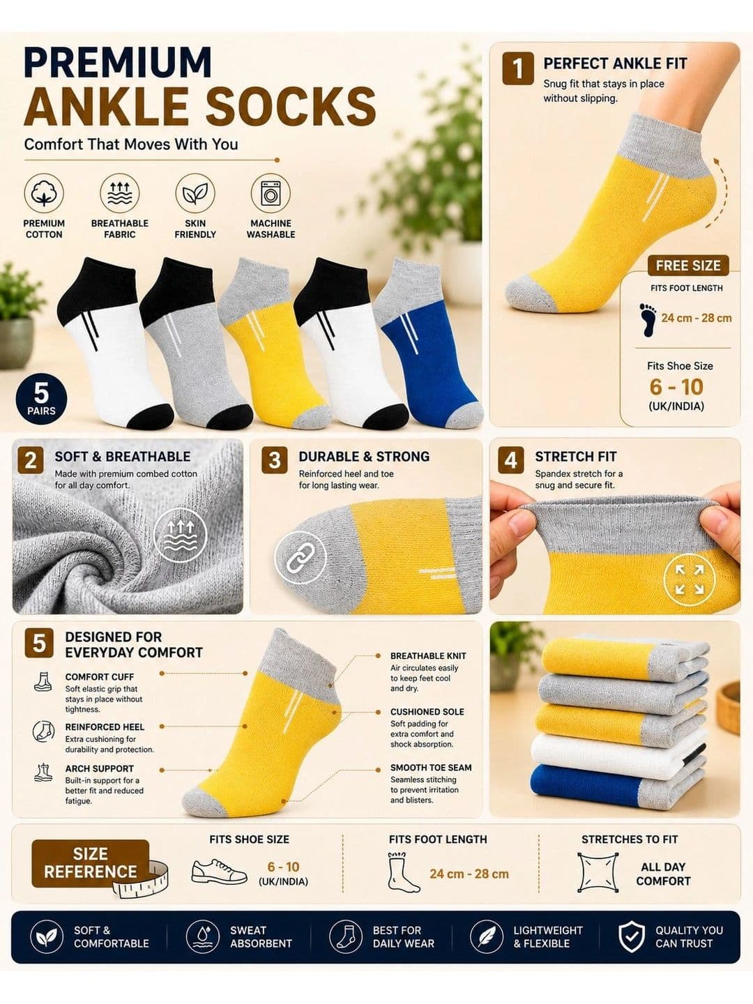ADDOSSO Men Pack of 5 Cotton Assorted Colourblocked Ankle Length Socks thumbnail 2
