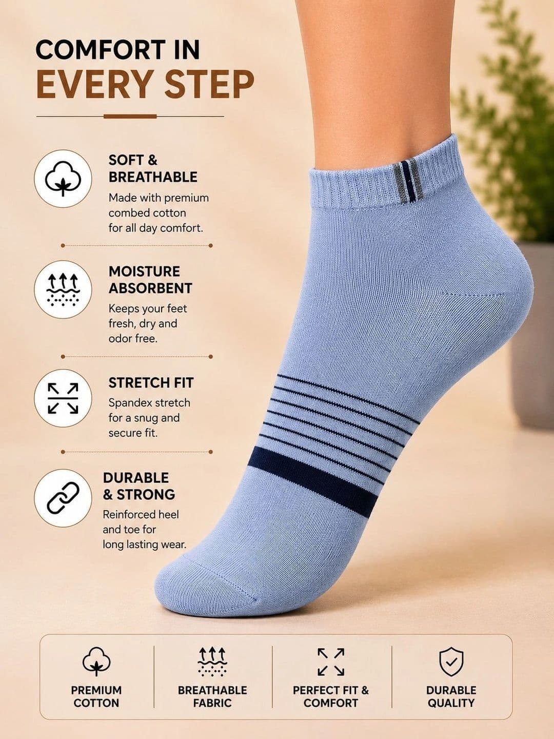 ADDOSSO Men Pack of 10 Cotton Assorted Striped Ankle Length Socks thumbnail 3