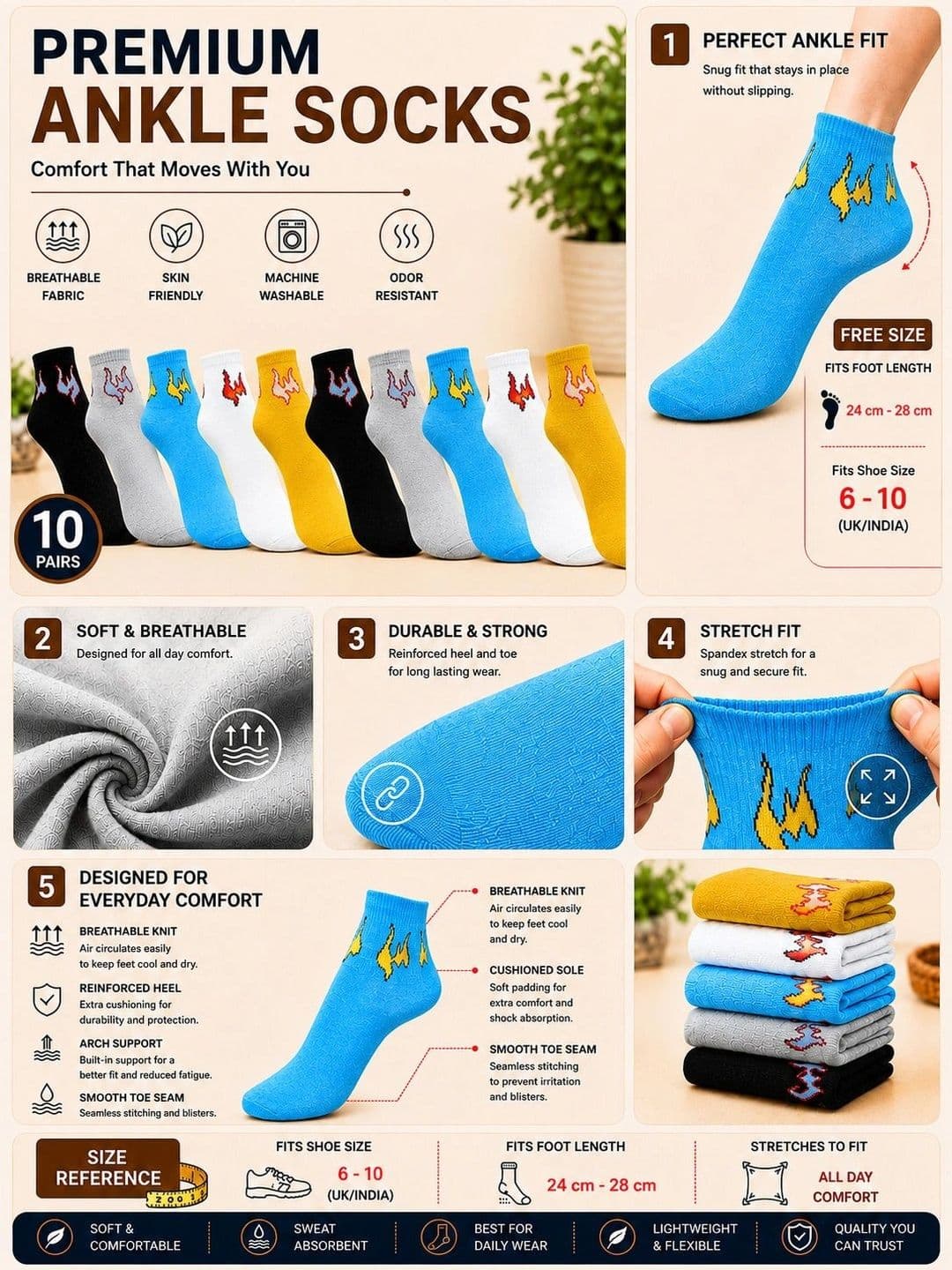 ADDOSSO Men Pack of 10 Cotton Assorted Patterned Ankle Length Socks thumbnail 2