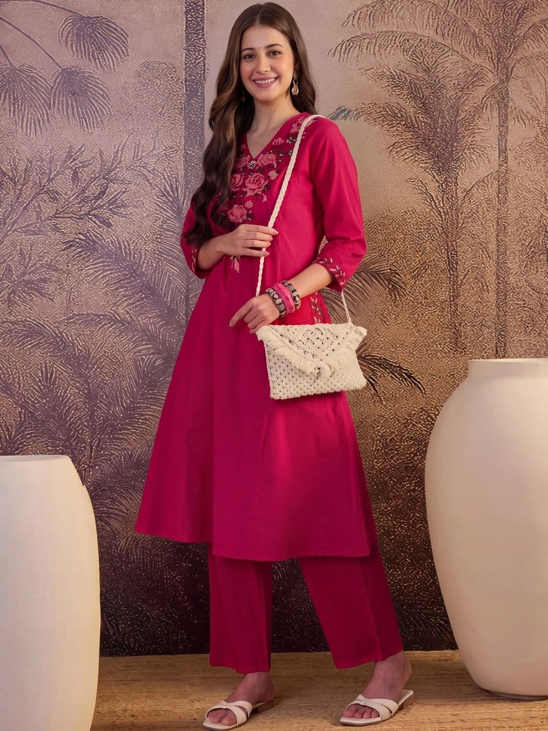 Shree Ramkrishna Fab Women Floral Embroidered Regular Thread Work Pure Cotton Kurta with Palazzos thumbnail 2