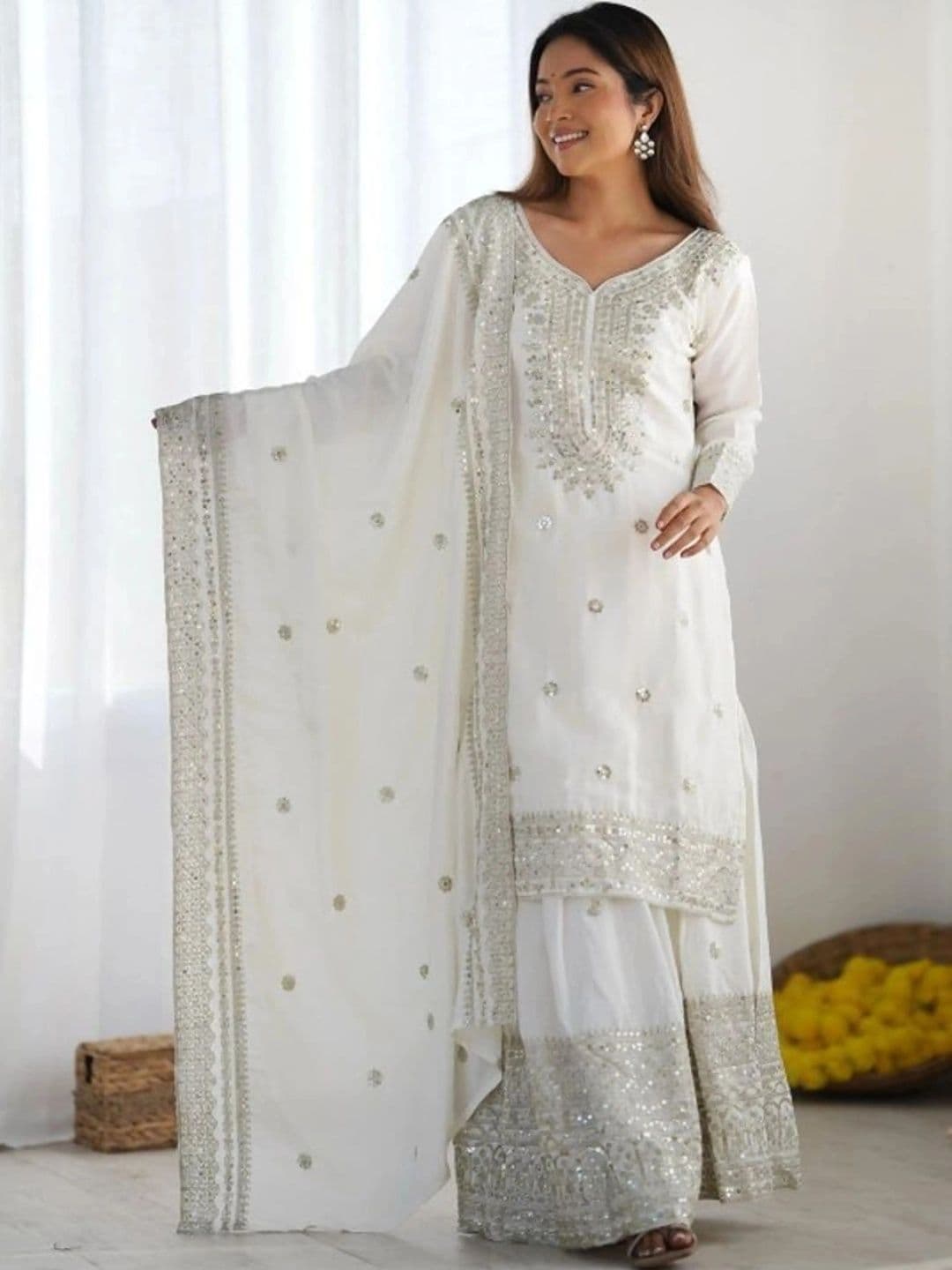 mudra creation Women Ethnic Motifs Regular Sequinned Kurta with Sharara & With Dupatta - view 1