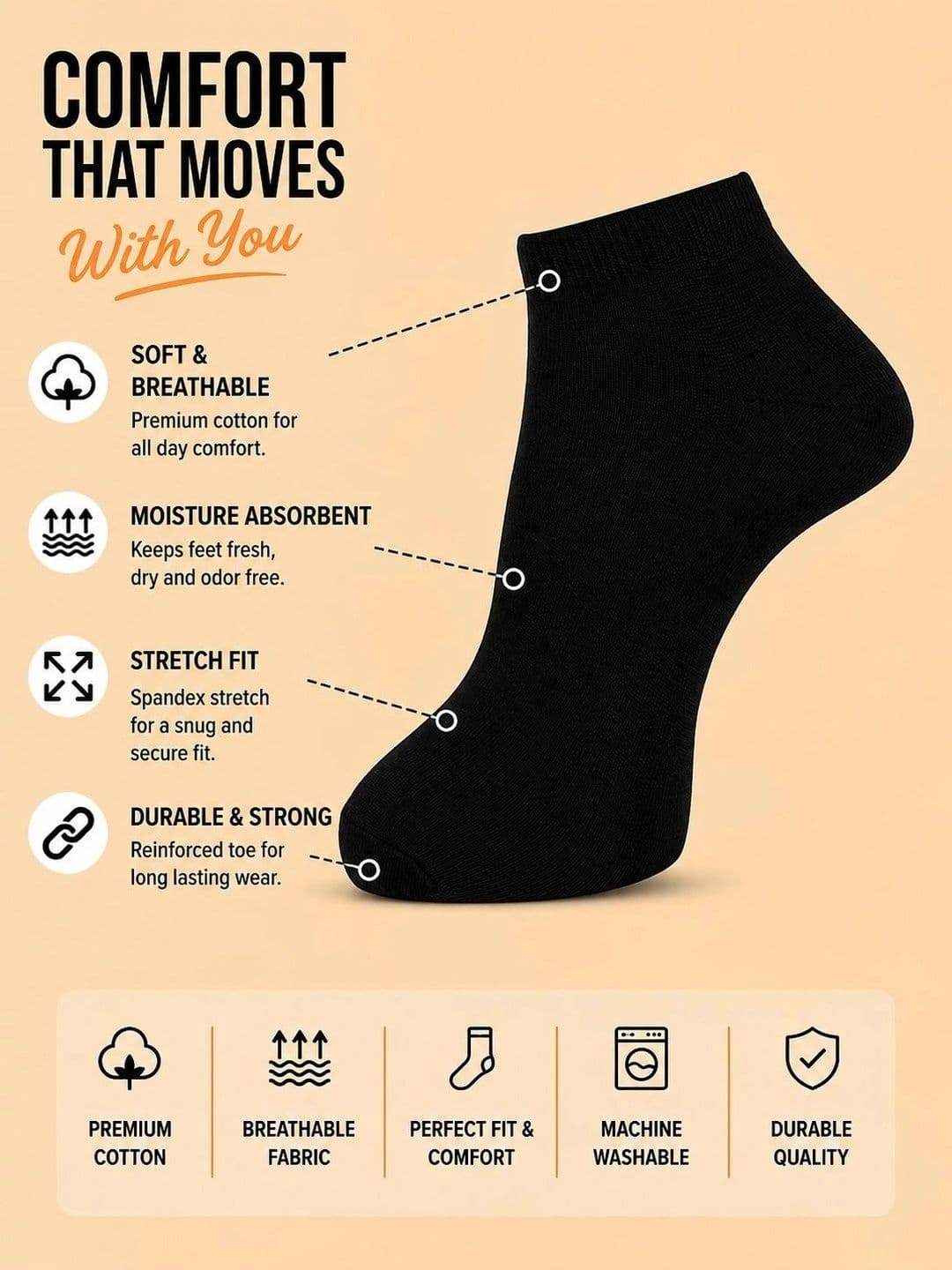 ADDOSSO Men Pack of 3 Cotton Assorted Ankle Length Socks thumbnail 5