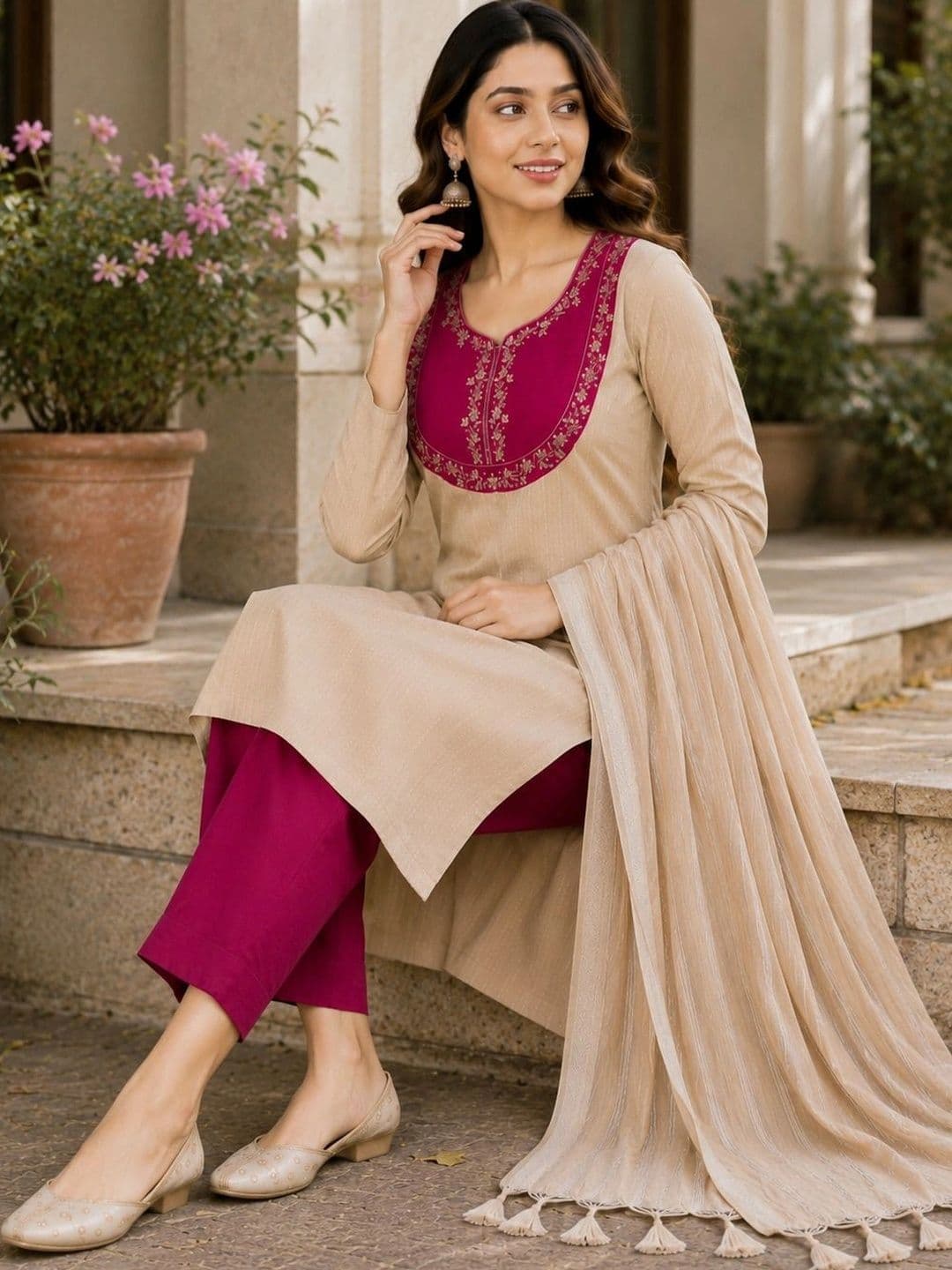MI Textile Ethnic Motifs Embroidered Regular Thread Work Kurta with Trousers &  Dupatta thumbnail 4