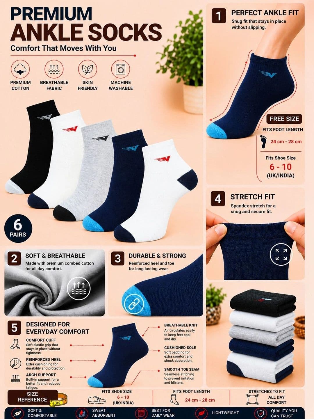 ADDOSSO Men Pack of 5 Cotton Assorted Ankle Length Socks thumbnail 4