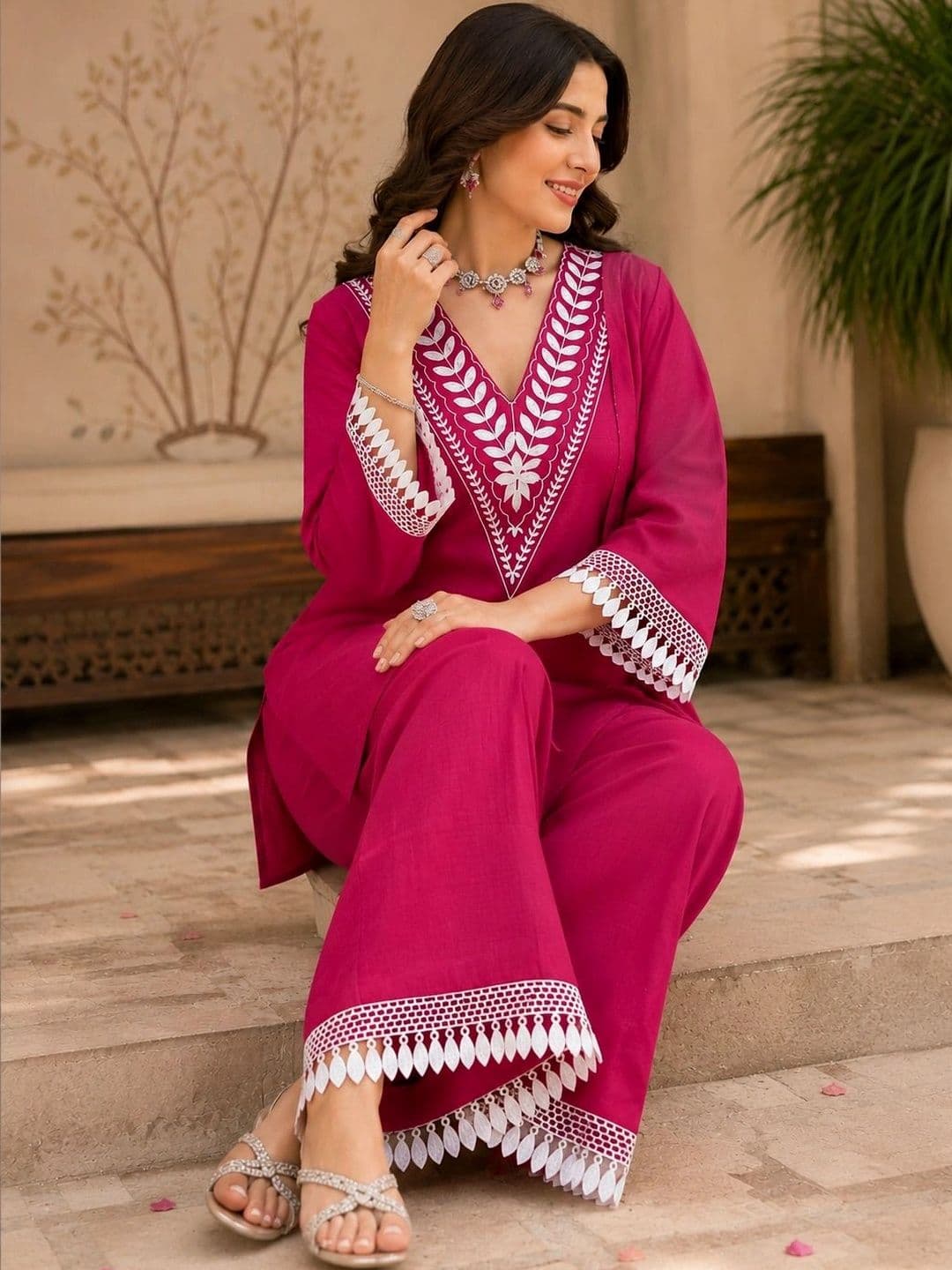 Ibrana Women Ethnic Motifs Embroidered Regular Thread Work Kurta with Palazzos - view 1