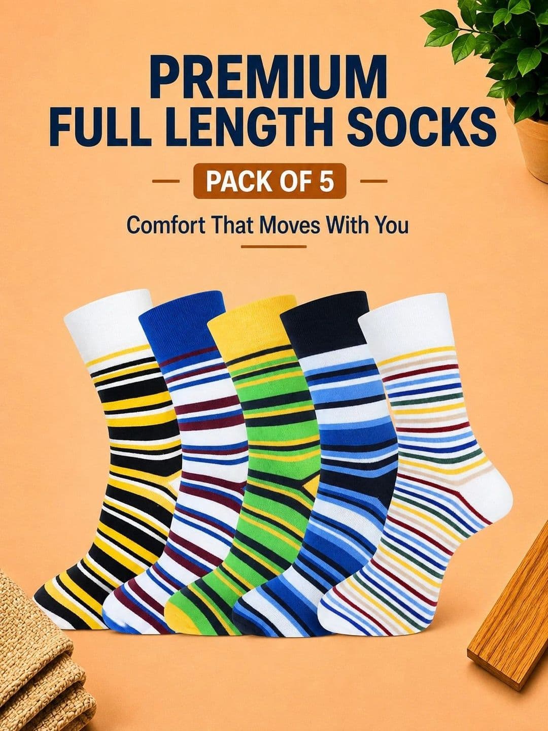 ADDOSSO Men Pack of 5 Cotton Assorted Striped Calf Length Socks thumbnail 3