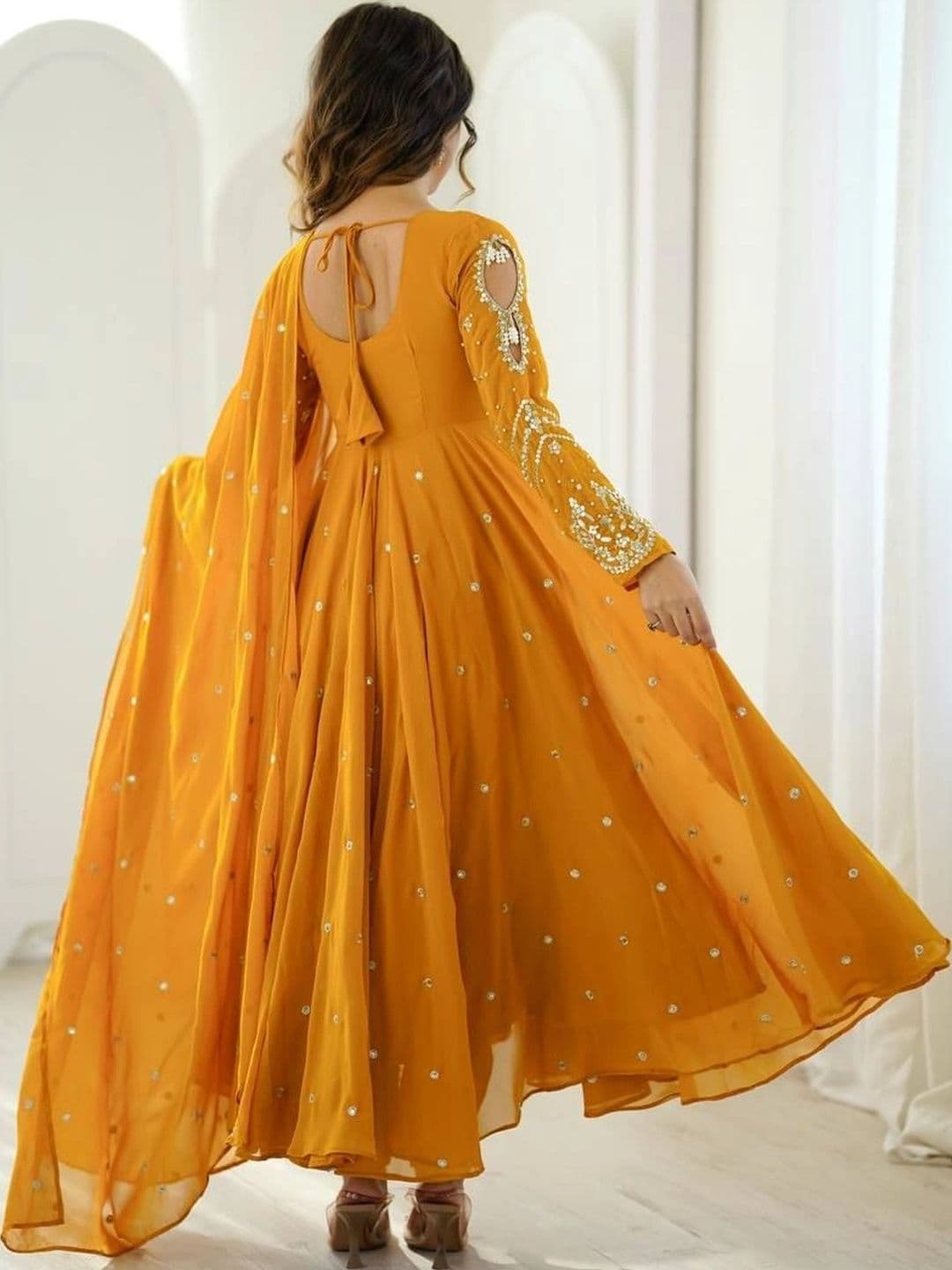 VastraBazaar Women Embroidered Empire Sequinned Silk Georgette Kurta with Trousers & With Dupatta thumbnail 3