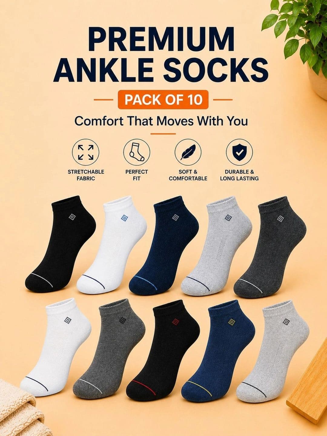ADDOSSO Men Pack of 10 Cotton Assorted Ankle Length Socks thumbnail 5