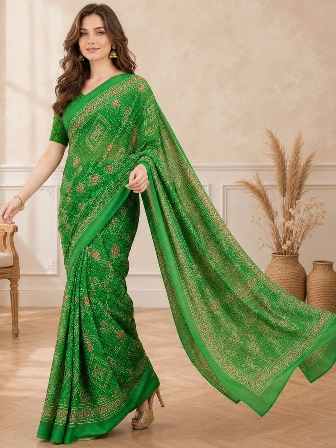 all about you Women's  Bandhani Poly Chiffon Fusion Bandhani Saree thumbnail 4