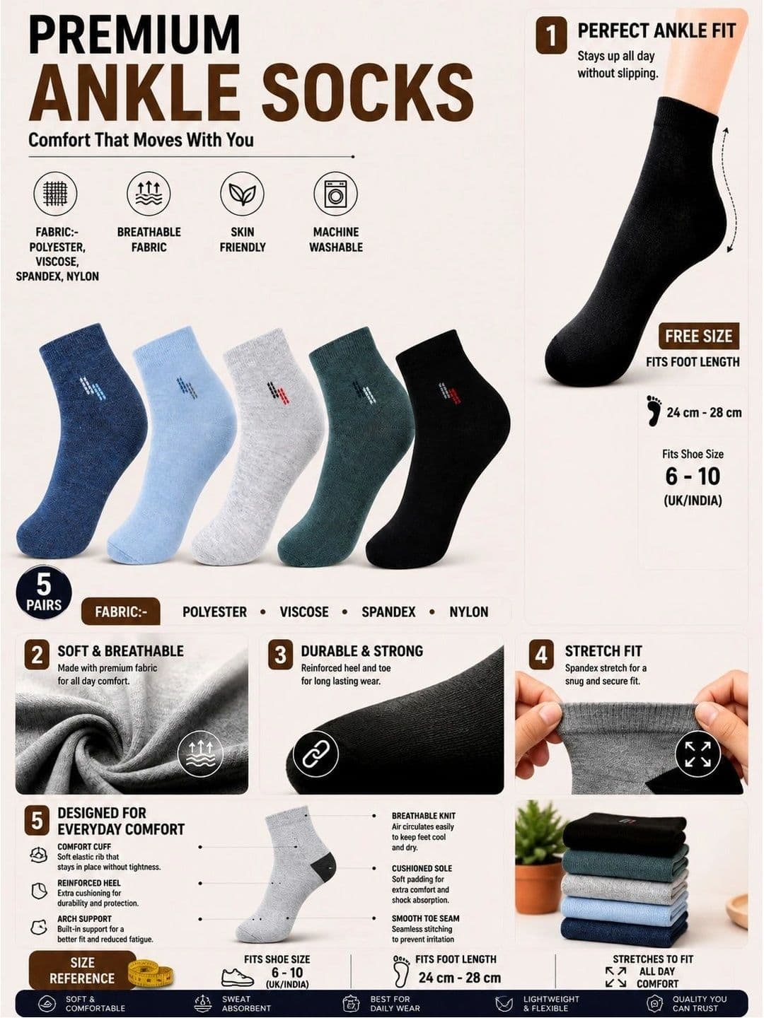 ADDOSSO Men Pack of 5 Cotton Assorted Patterned Ankle Length Socks thumbnail 4