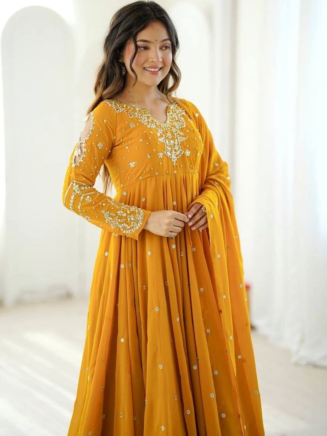 VastraBazaar Women Embroidered Empire Sequinned Silk Georgette Kurta with Trousers & With Dupatta thumbnail 7