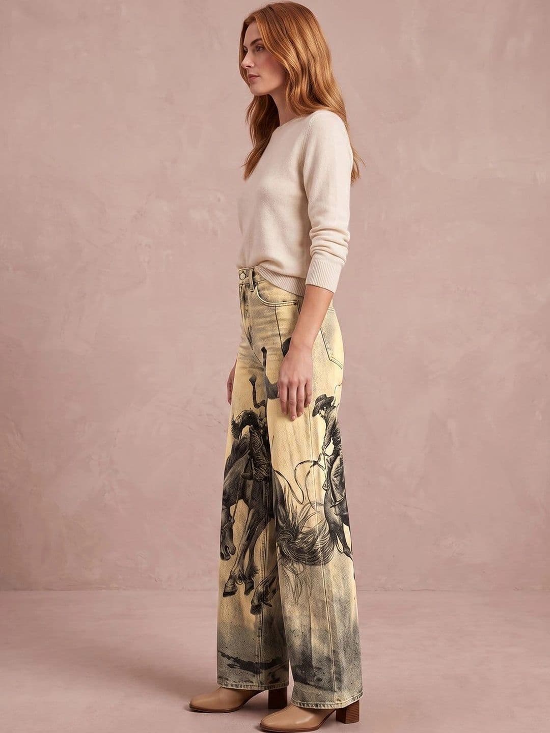 ATELIER REBEL Women Wide Leg Mid-Rise Light Fade Printed Jeans thumbnail 4