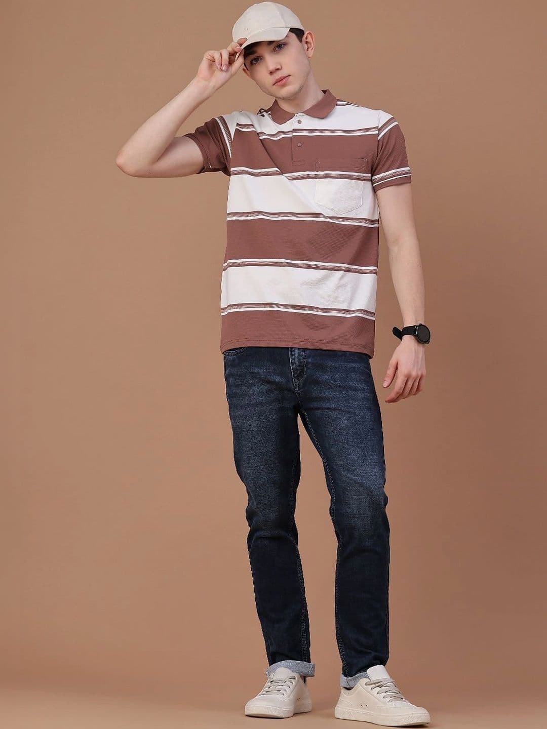 V-Mart Men Striped Polo Collar Pockets Slim Fit T-shirt thumbnail 4