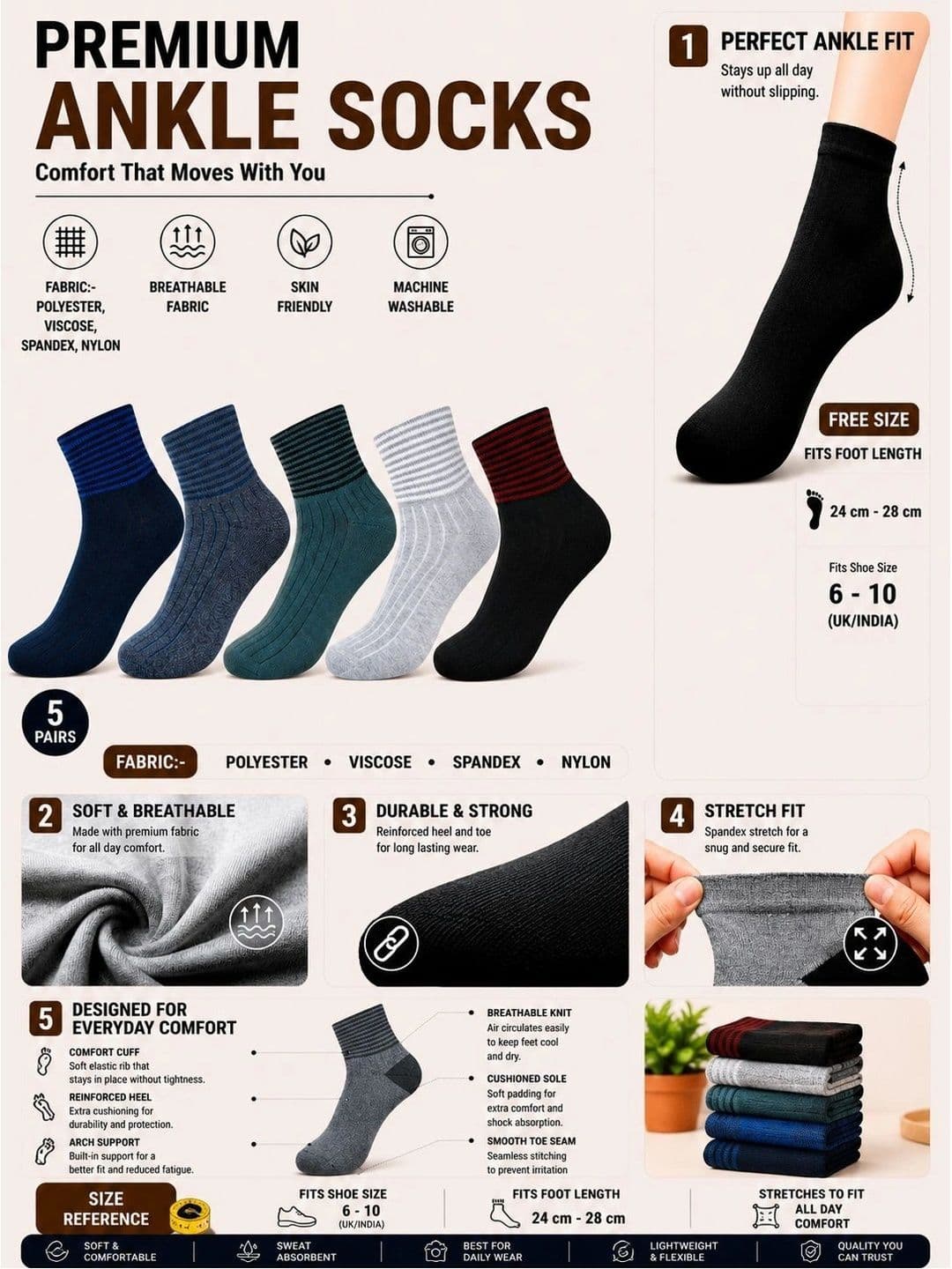 ADDOSSO Men Pack of 5 Cotton Assorted Striped Ankle Length Socks thumbnail 5