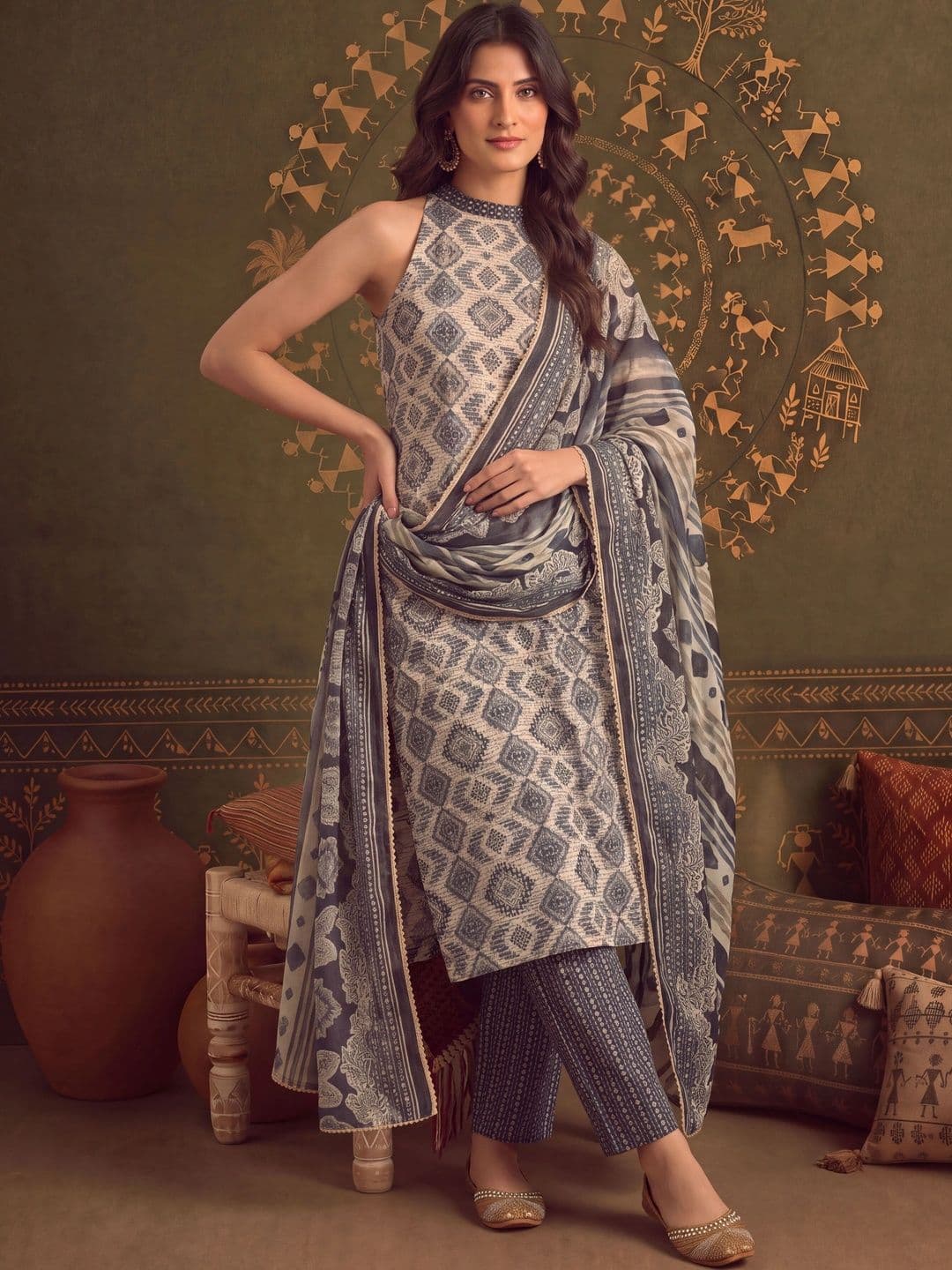 SOURAGYA Women Ethnic Motifs Printed Regular Kurta with Trousers & With Dupatta - view 1