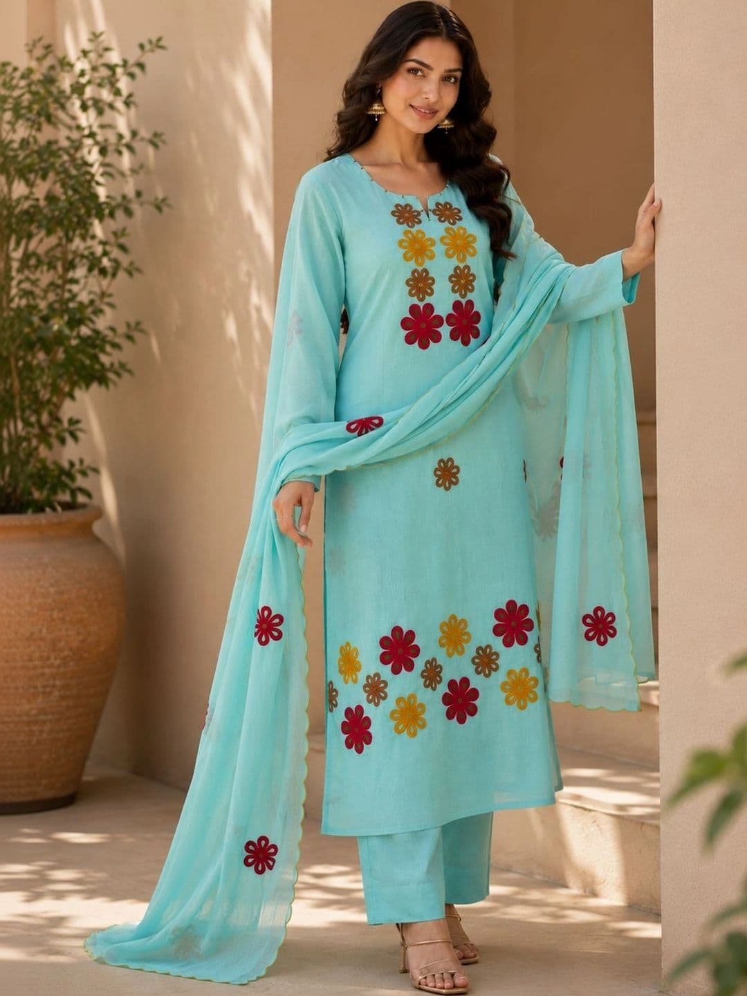 Sangria Women Floral Embroidered Regular Thread Work Chanderi Silk Kurtaset thumbnail 5