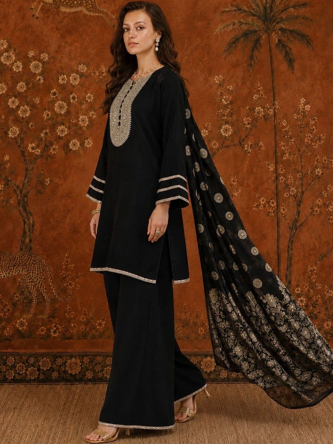 Sangria Women Ethnic Motifs Regular Mirror Work Kurta with Palazzos & With Dupatta thumbnail 3