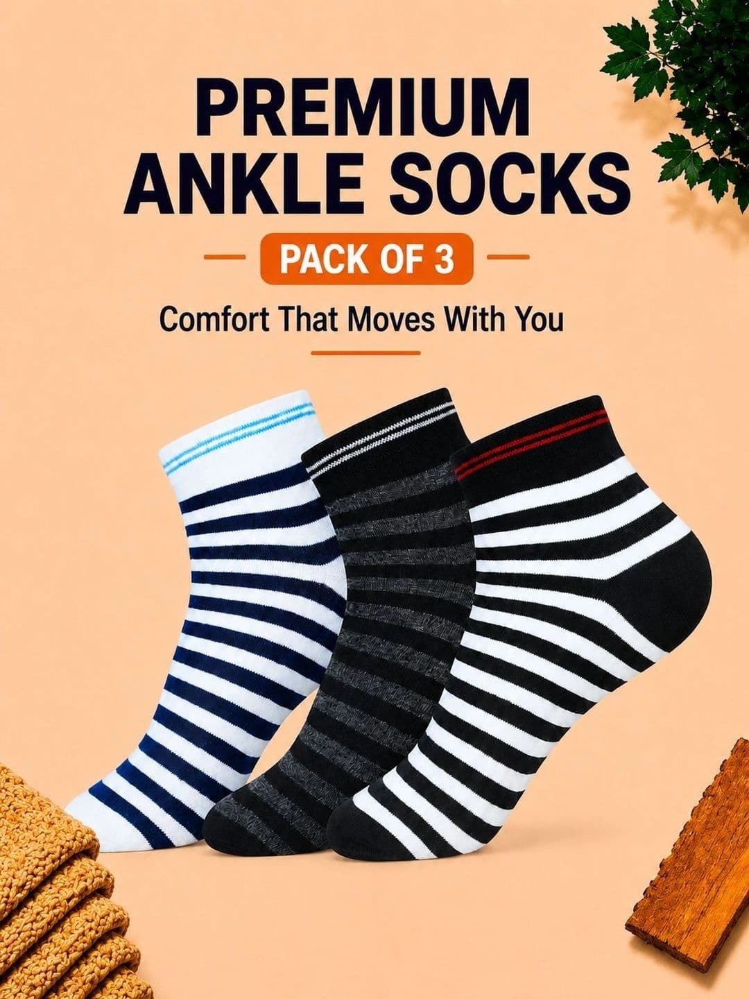 ADDOSSO Men Pack of 3 Cotton Assorted Striped Ankle Length Socks thumbnail 2