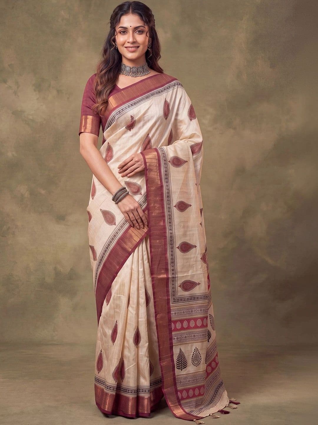 Anouk Ethnic Motifs Silk Cotton Designer Tussar Saree - view 1