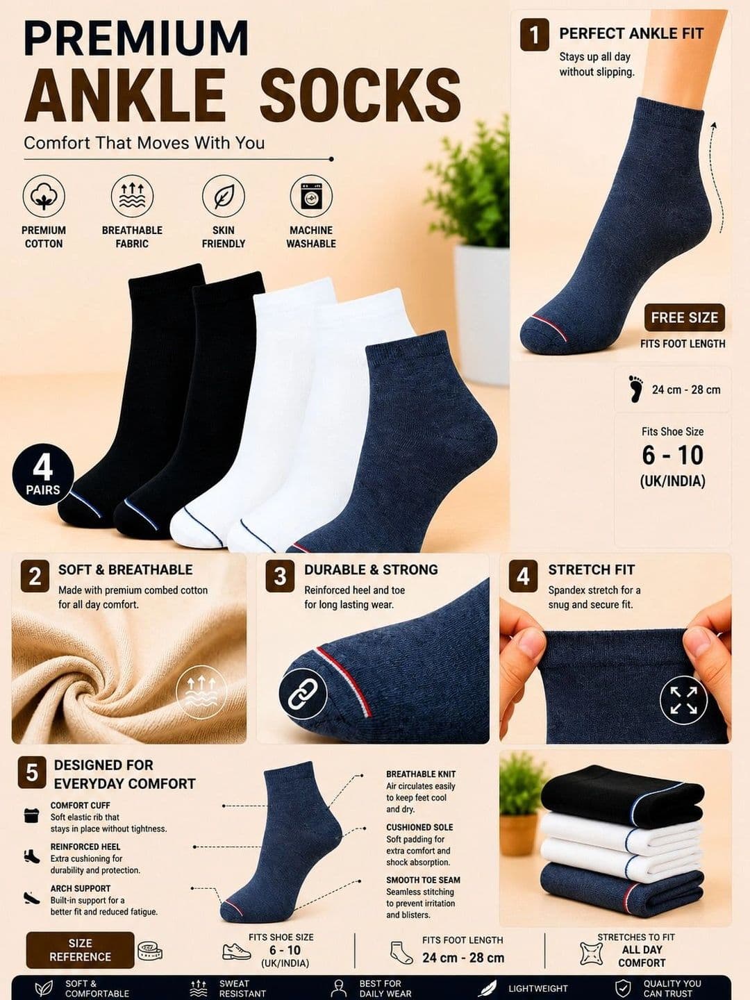ADDOSSO Men Pack of 5 Cotton Assorted Ankle Length Socks thumbnail 2