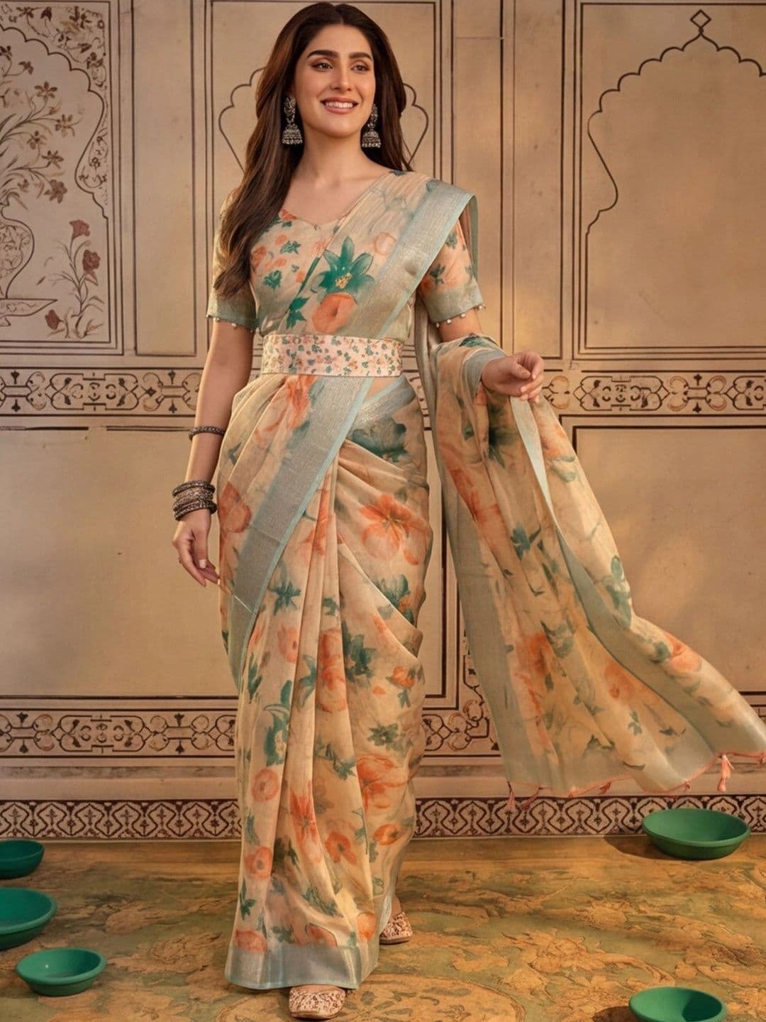 Mitera Women Floral Zari Silk Cotton Fusion Saree - view 1