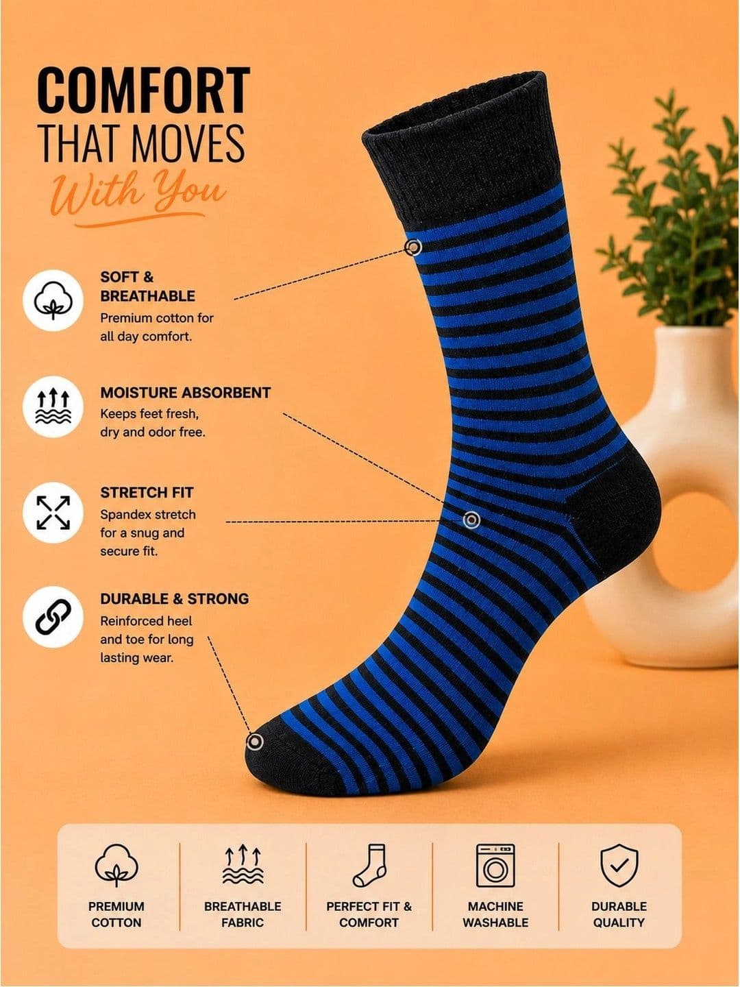 ADDOSSO Men Pack of 6 Cotton Assorted Striped Calf Length Socks thumbnail 2