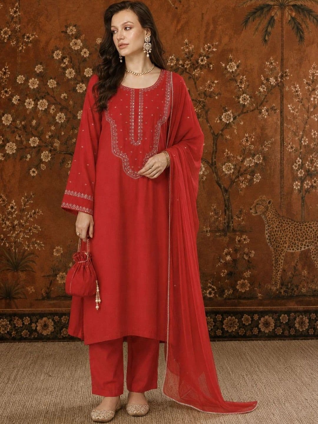 Sangria Women Embroidered Regular Thread Work Kurta with Trousers & With Dupatta - view 1