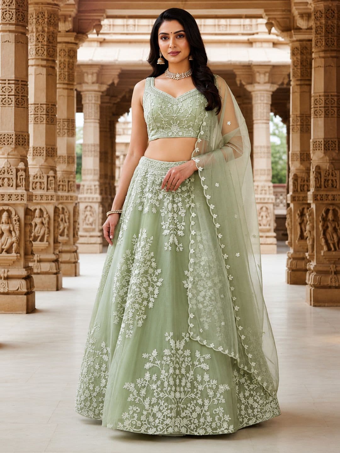 JIHU CULTURE Embroidered Thread Work Semi-Stitched Lehenga & Blouse With Dupatta thumbnail 5