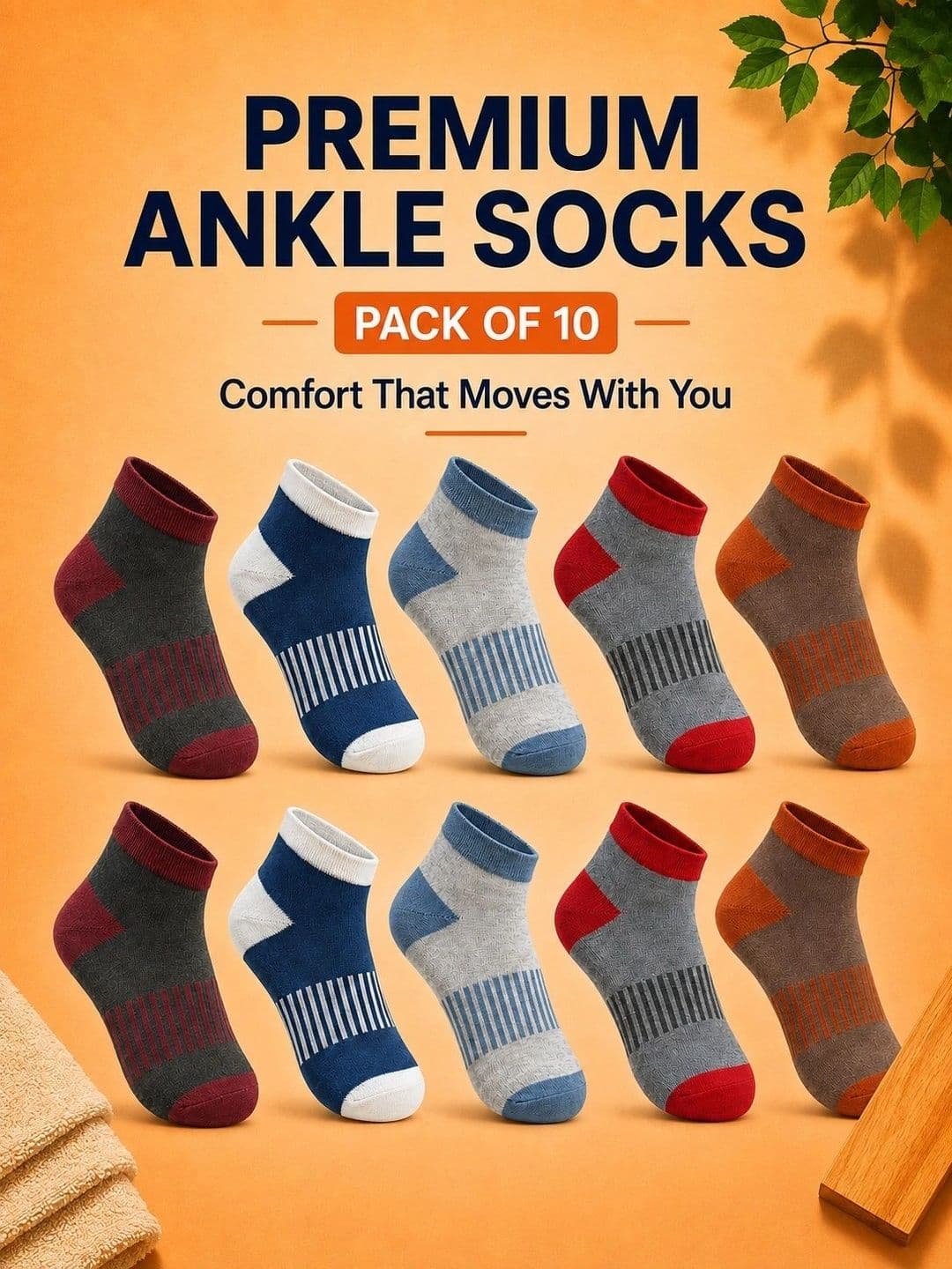 ADDOSSO Men Pack of 10 Cotton Assorted Striped Ankle Length Socks thumbnail 2