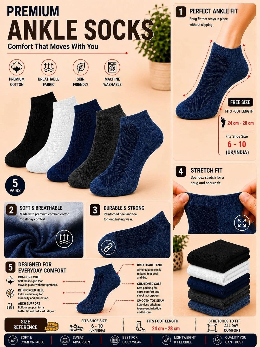 ADDOSSO Men Pack of 5 Cotton Assorted Patterned Ankle Length Socks thumbnail 2
