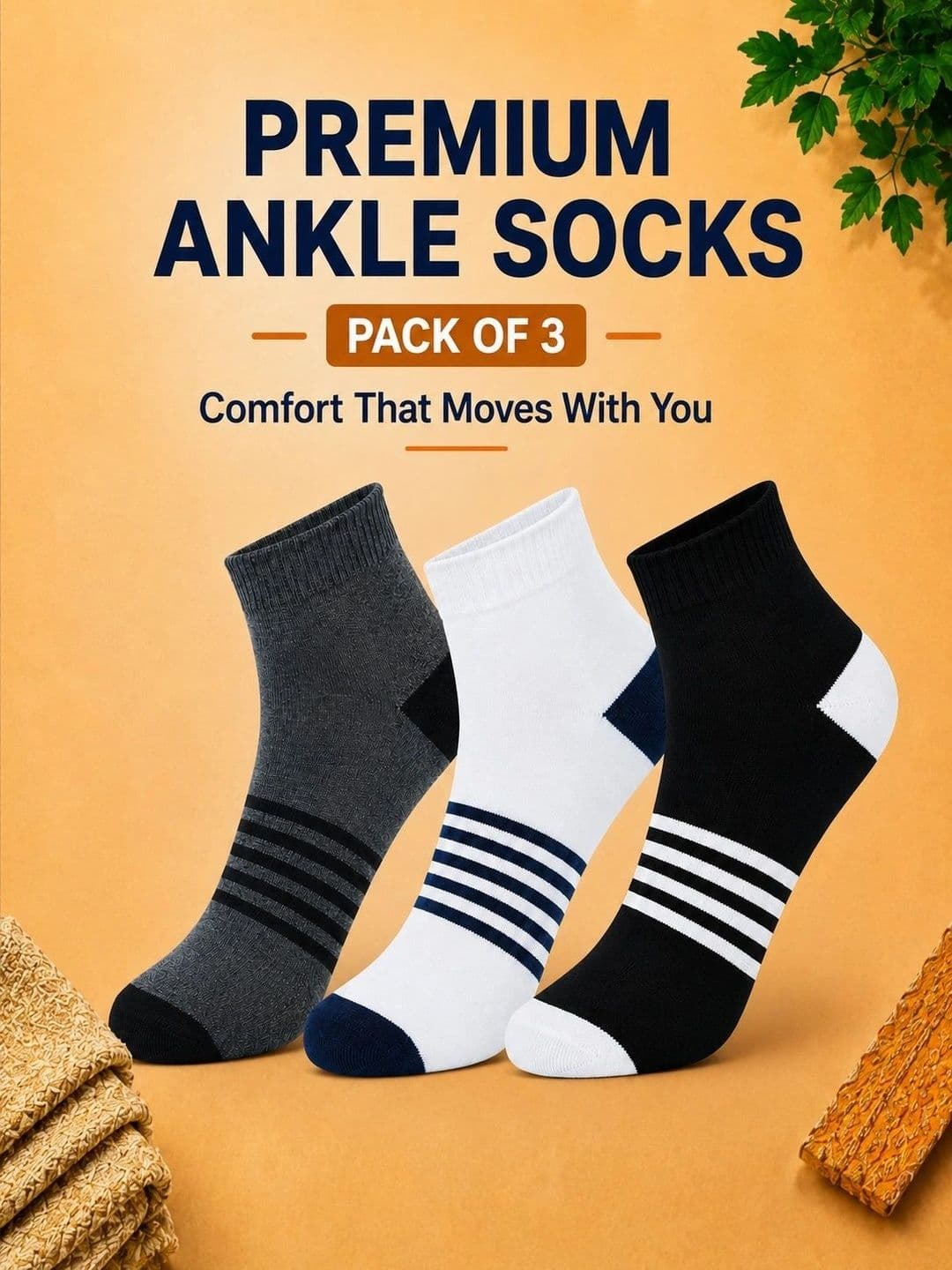 ADDOSSO Men Pack of 3 Cotton Assorted Striped Ankle Length Socks thumbnail 3