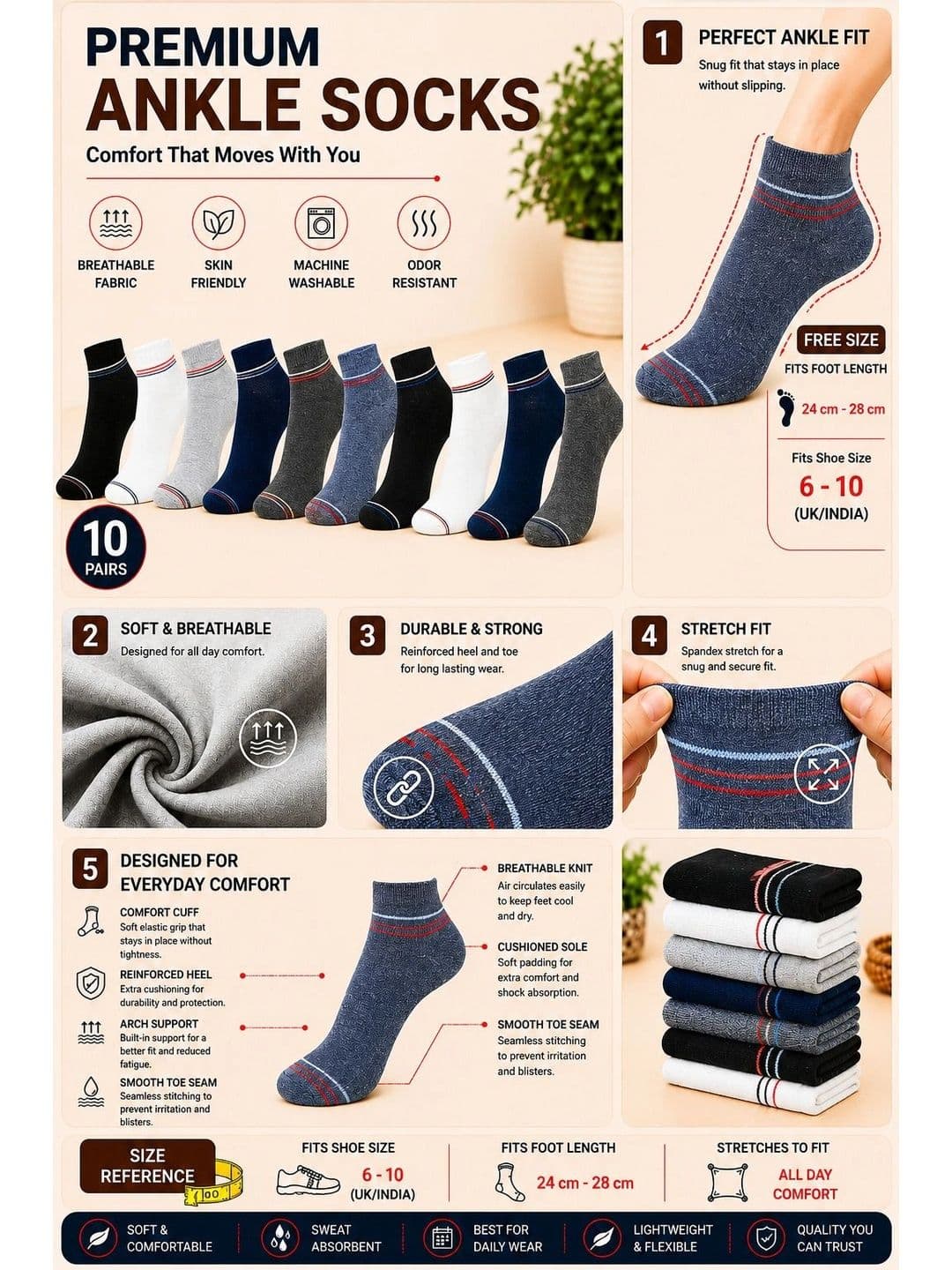 ADDOSSO Men Pack of 10 Cotton Assorted Striped Ankle Length Socks thumbnail 5