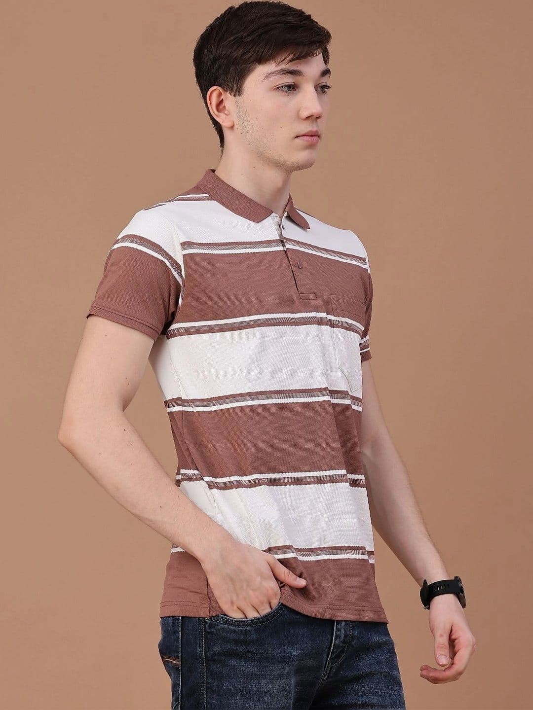V-Mart Men Striped Polo Collar Pockets Slim Fit T-shirt thumbnail 5