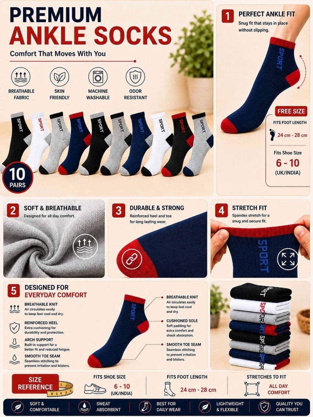 ADDOSSO Men Pack of 10 Cotton Assorted Patterned Ankle Length Socks thumbnail 4