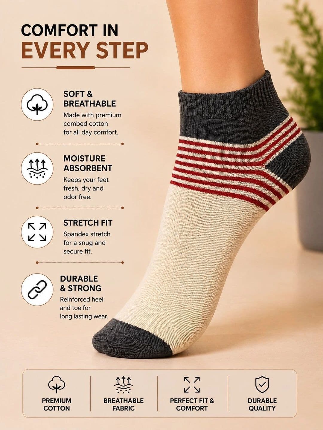 ADDOSSO Men Pack of 10 Cotton Assorted Striped Ankle Length Socks thumbnail 2