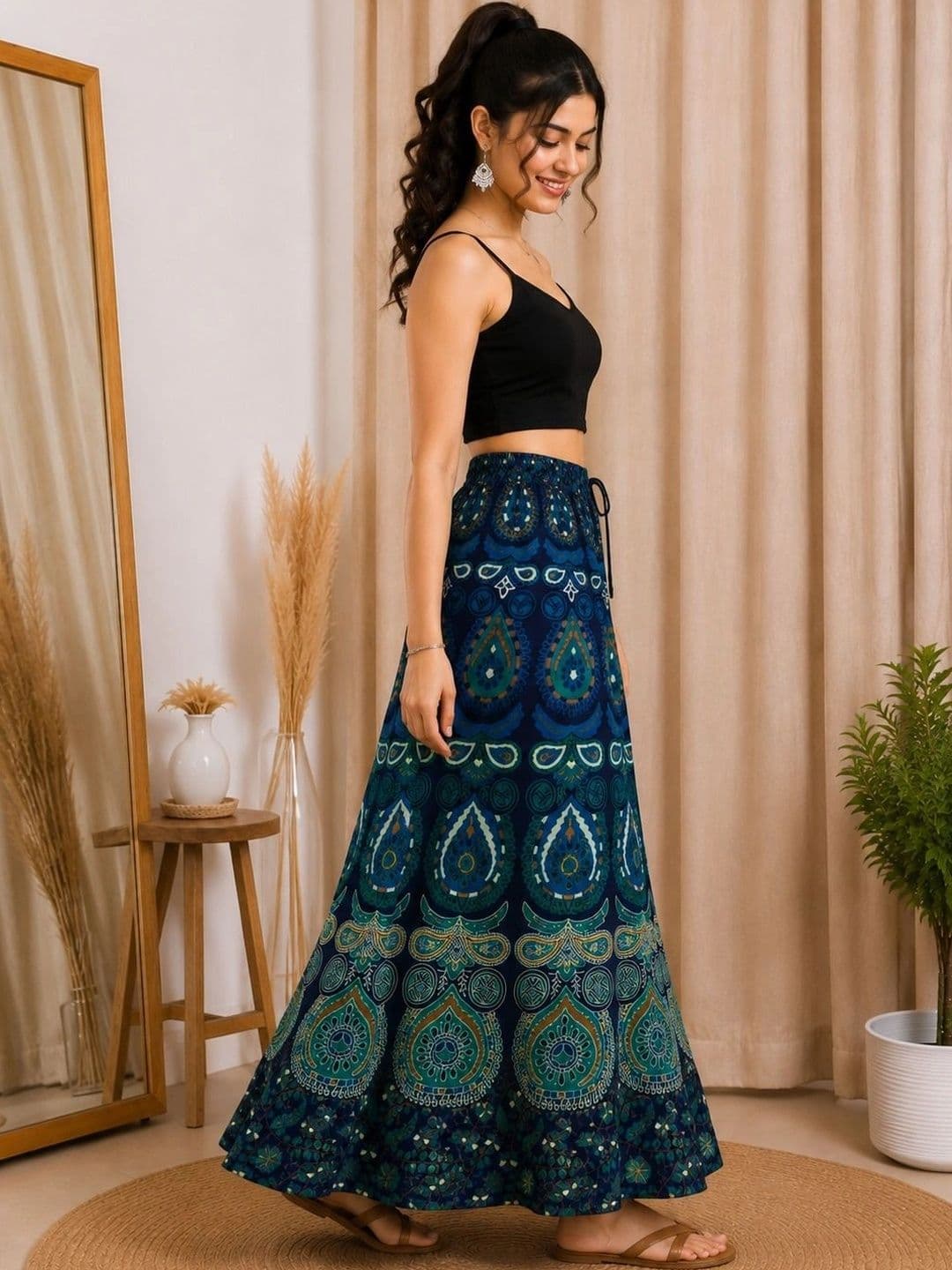 HIMCARE Women Cotton Cambric Paisley Bohemian Maxi Flared Skirt thumbnail 2