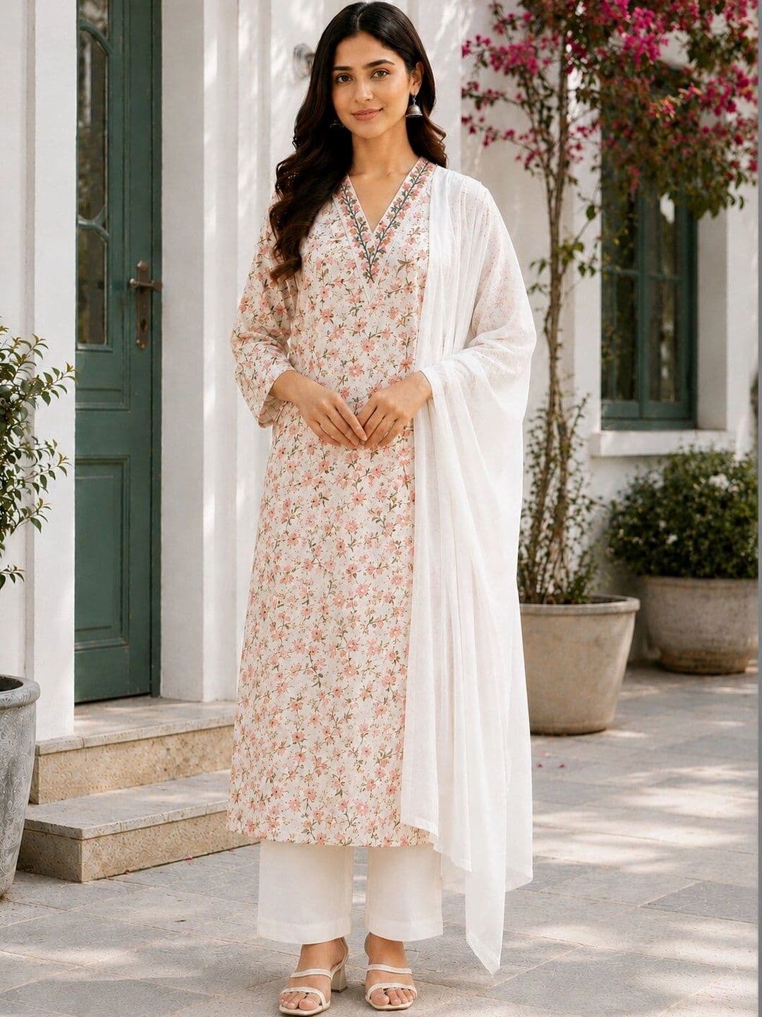 FABZARI Women Floral Printed Regular Thread Work Pure Cotton Kurta with Palazzos & With Dupatta - view 1