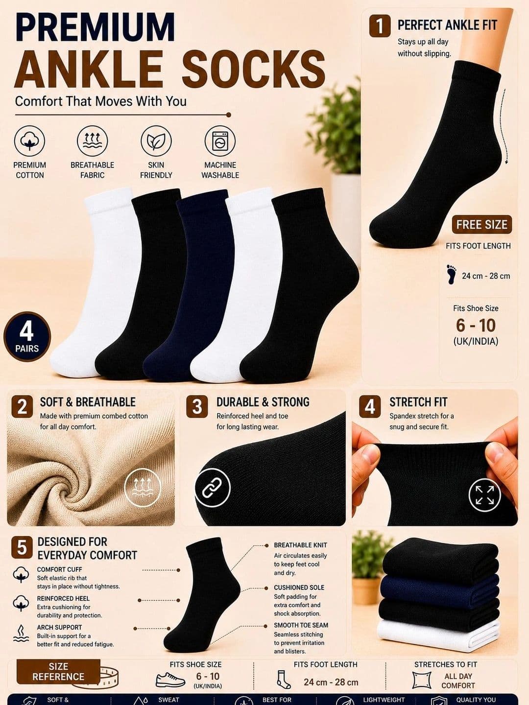 ADDOSSO Men Pack of 5 Cotton Assorted Ankle Length Socks thumbnail 3