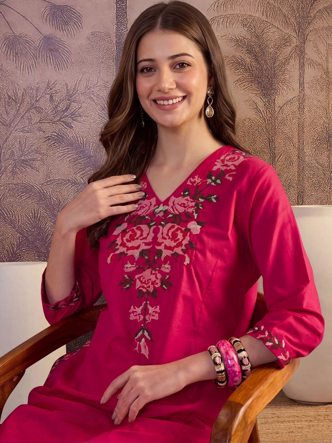 Shree Ramkrishna Fab Women Floral Embroidered Regular Thread Work Pure Cotton Kurta with Palazzos thumbnail 3