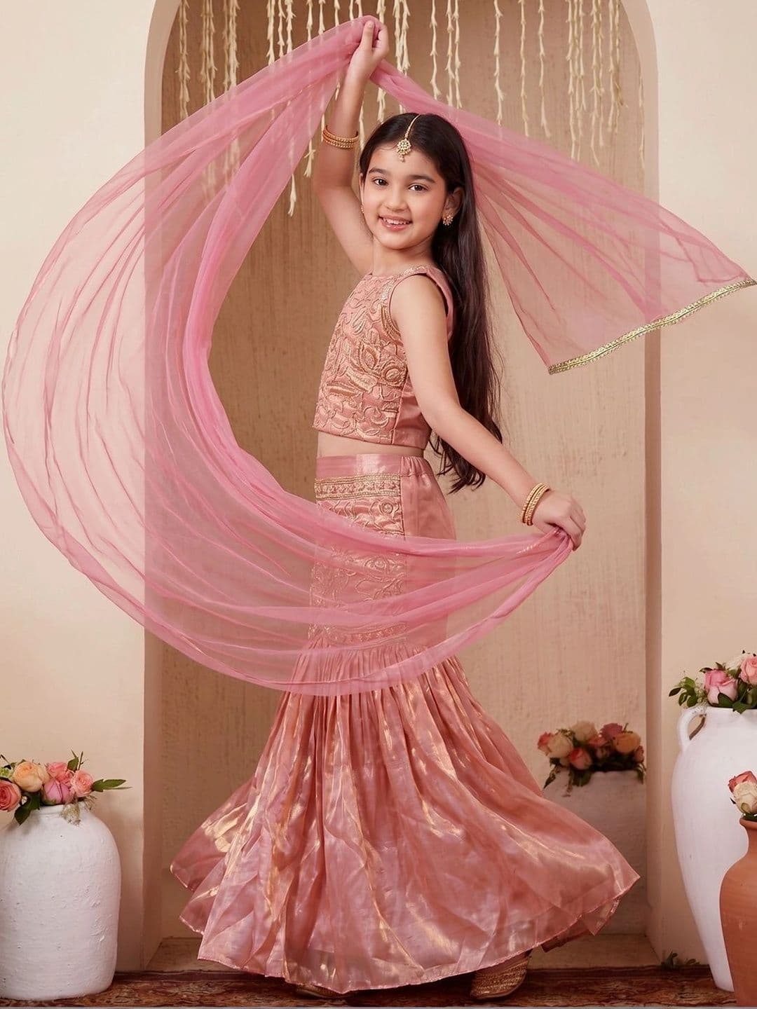 FASHION DREAM Girls Embroidered Thread Work Ready to Wear Lehenga & Blouse With Dupatta thumbnail 5