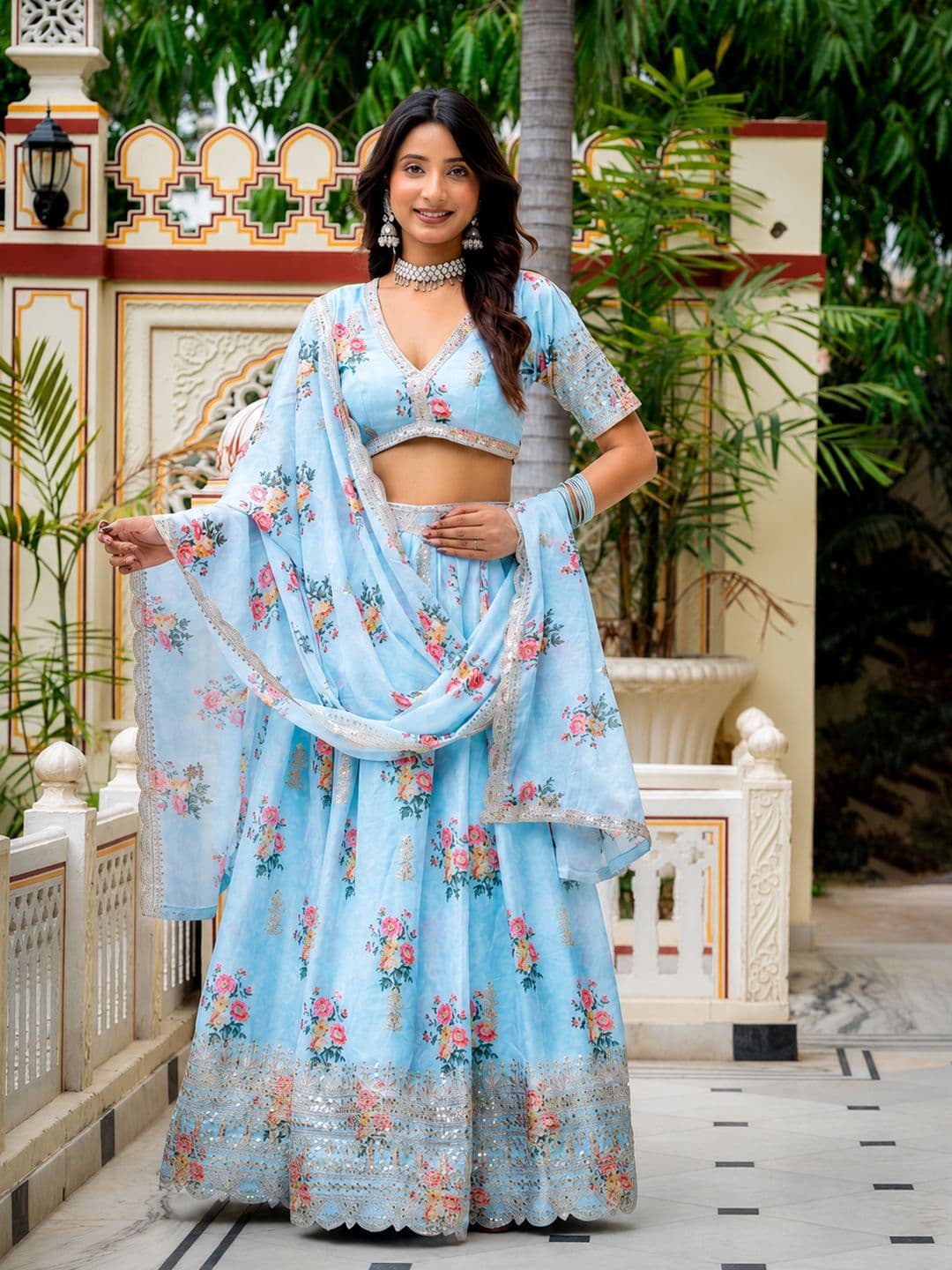 JIHU CULTURE Printed Sequinned Semi-Stitched Lehenga & Unstitched Blouse Taping - view 1