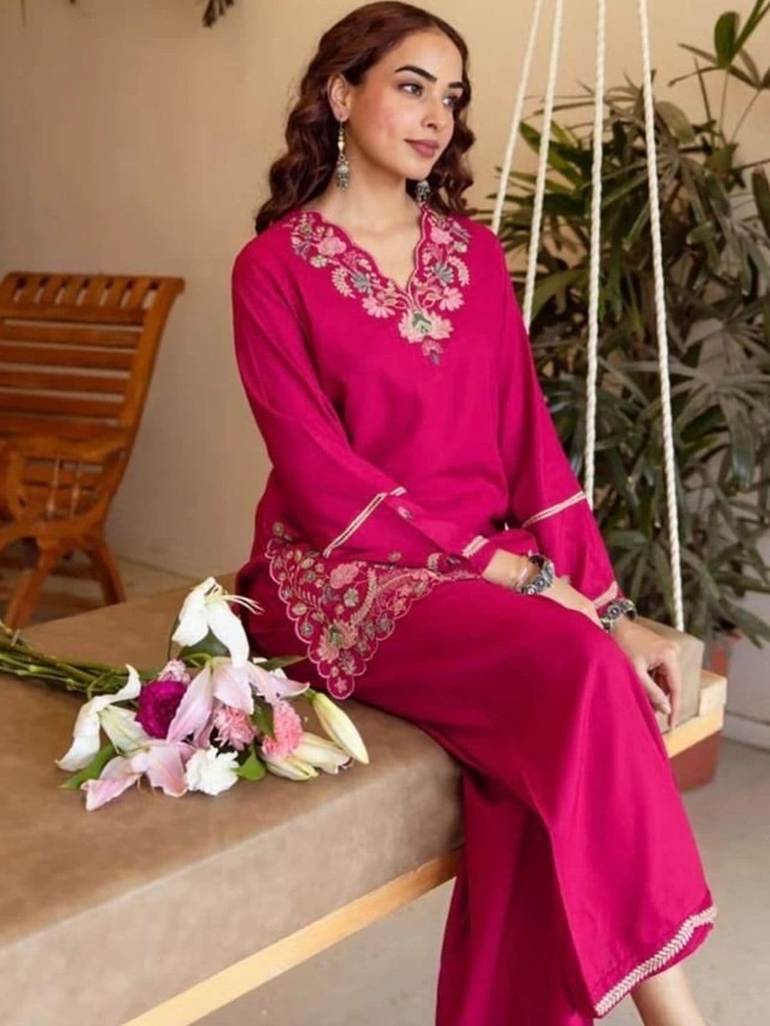 AurexWear Women Ethnic Motifs Embroidered Regular Thread Work Pure Cotton Kurta with Palazzos thumbnail 6