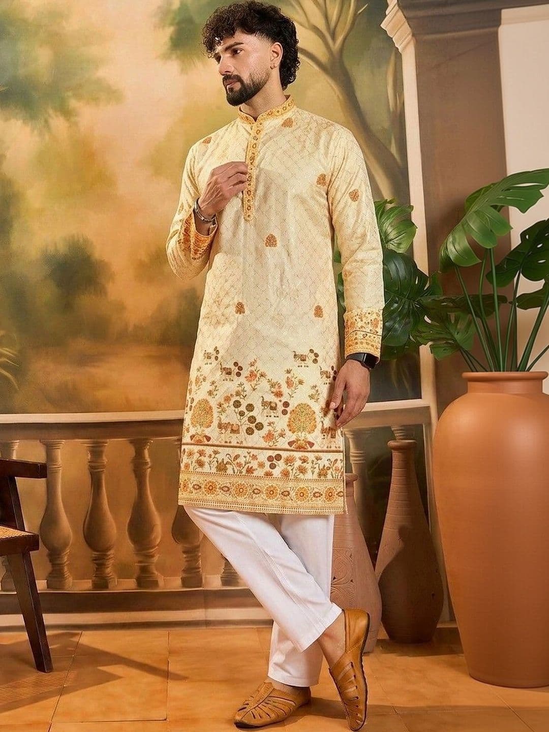 VELKYNOX Men Ethnic Motifs Thread Work Kurta thumbnail 6