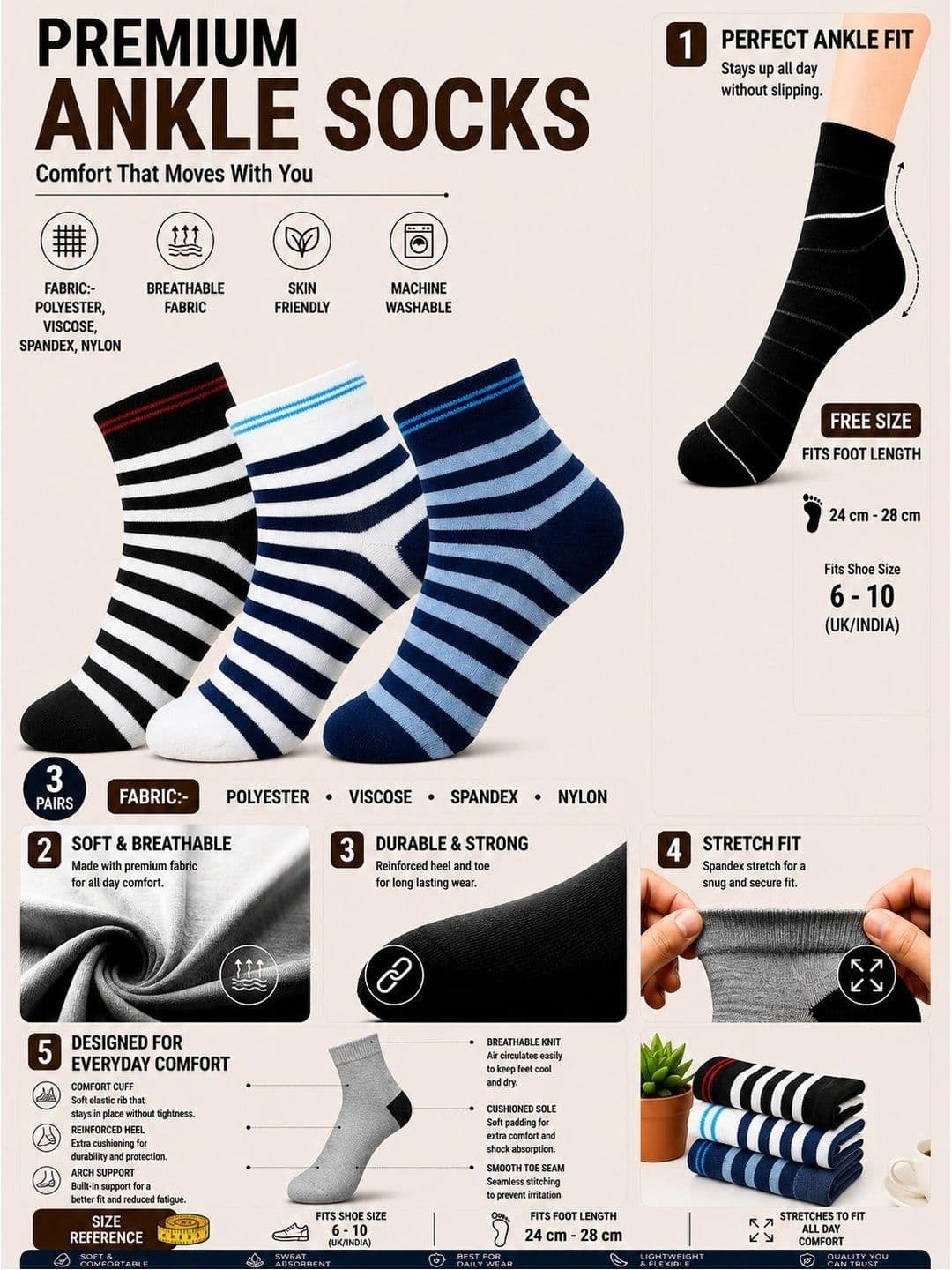 ADDOSSO Men Pack of 3 Cotton Assorted Striped Ankle Length Socks thumbnail 2