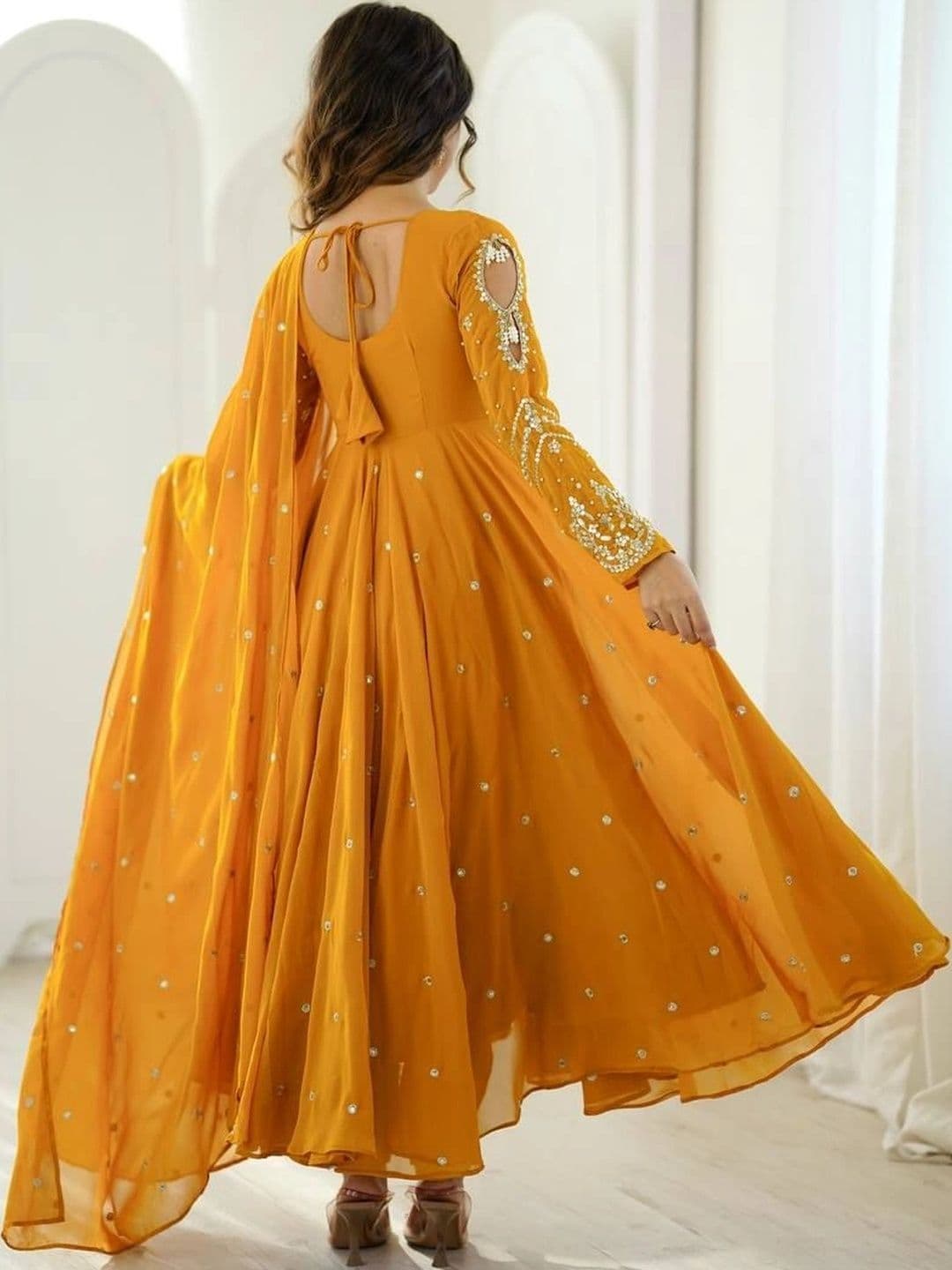 NORAFLEX Women Ethnic Motifs Embroidered Empire Gotta Patti Silk Georgette Kurta with Trousers & With Dupatta thumbnail 3